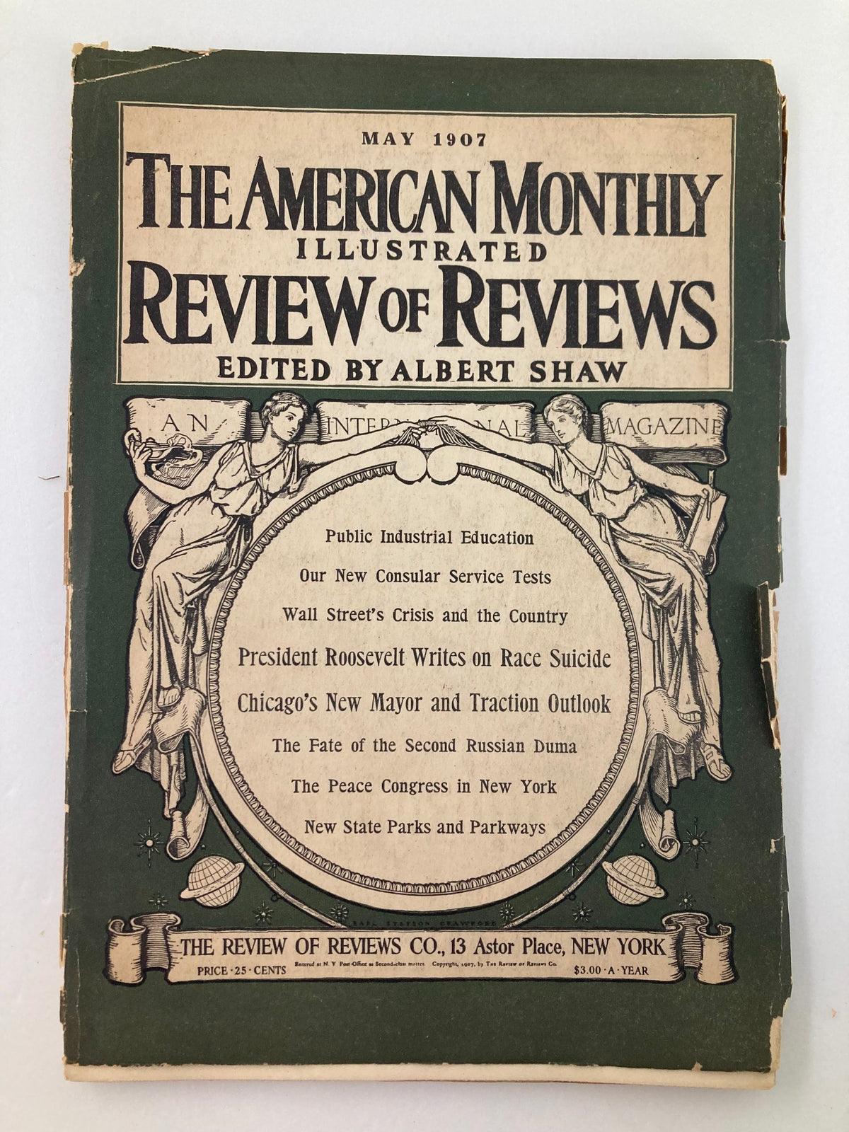 Cover of The American Monthly Review of Reviews, May 1907, featuring the title and themes such as public education and social issues.