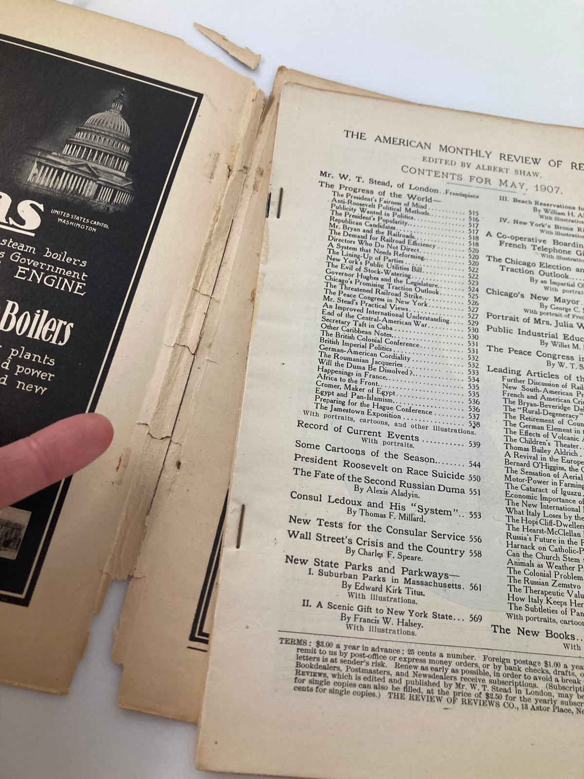 Interior page of The American Monthly Review of Reviews, May 1907, displaying the contents and article listings.