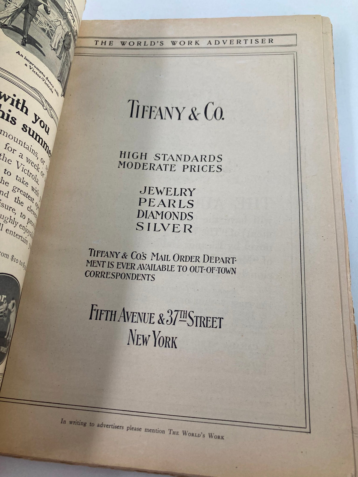 Inside page of VTG The World's Work Magazine August 1913 featuring an advertisement for Tiffany & Co., illustrating vintage advertising style.