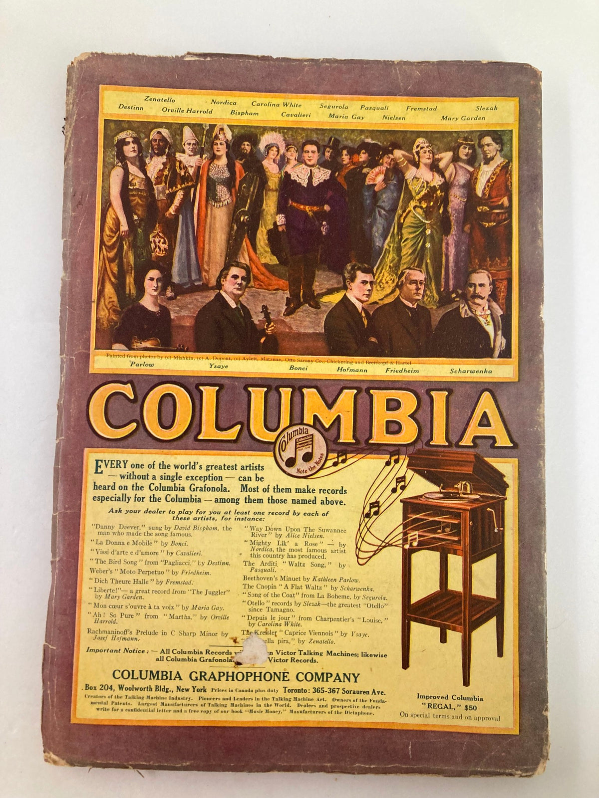 Back cover of VTG The World's Work Magazine August 1913 displaying a colorful advertisement for Columbia Graphophone Company.