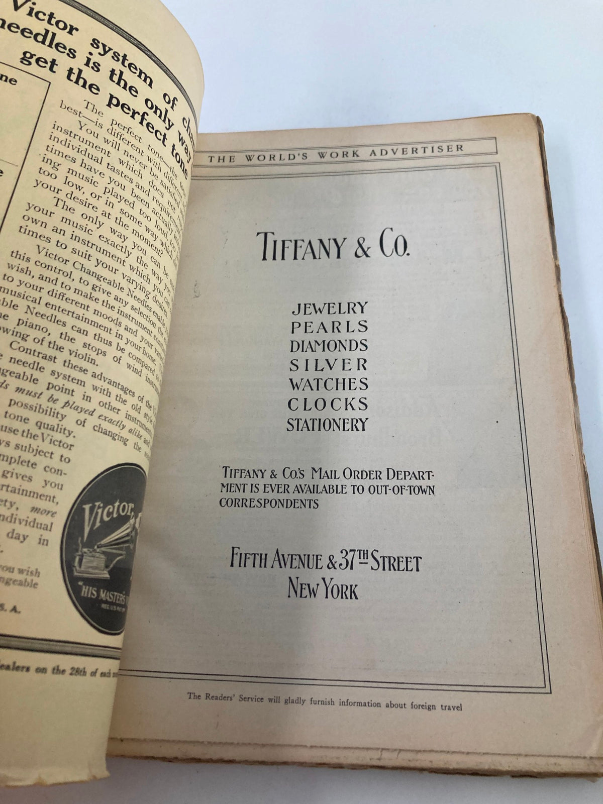 Interior page of VTG The World's Work Magazine June 1913, showcasing an advertisement for Tiffany & Co., highlighting jewelry, diamonds, and clocks, offering a glimpse into early 20th-century marketing.