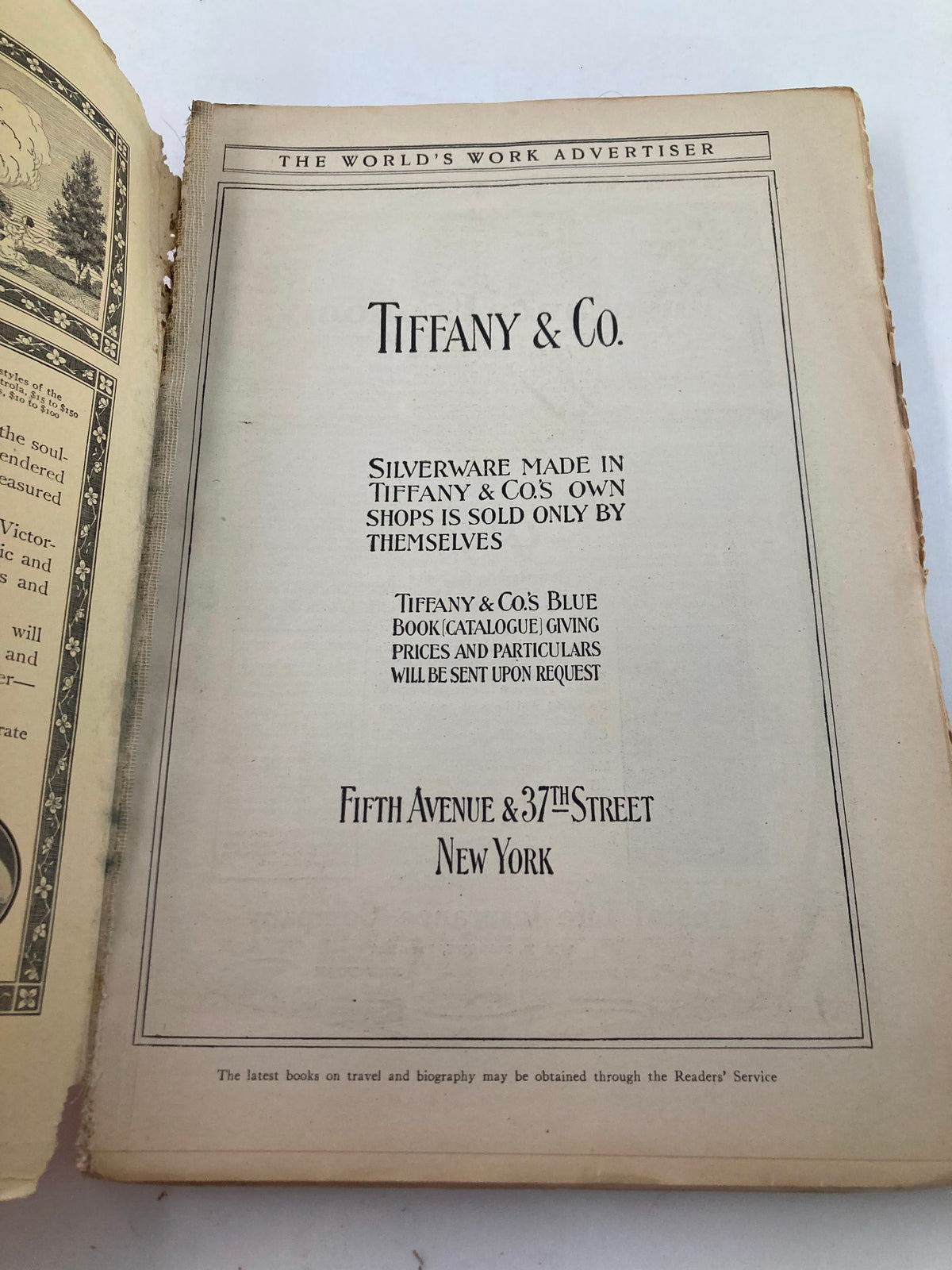 Interior page from VTG The World's Work Magazine April 1913 showing advertisement for Tiffany & Co., highlighting silverware made in their own shops in New York.