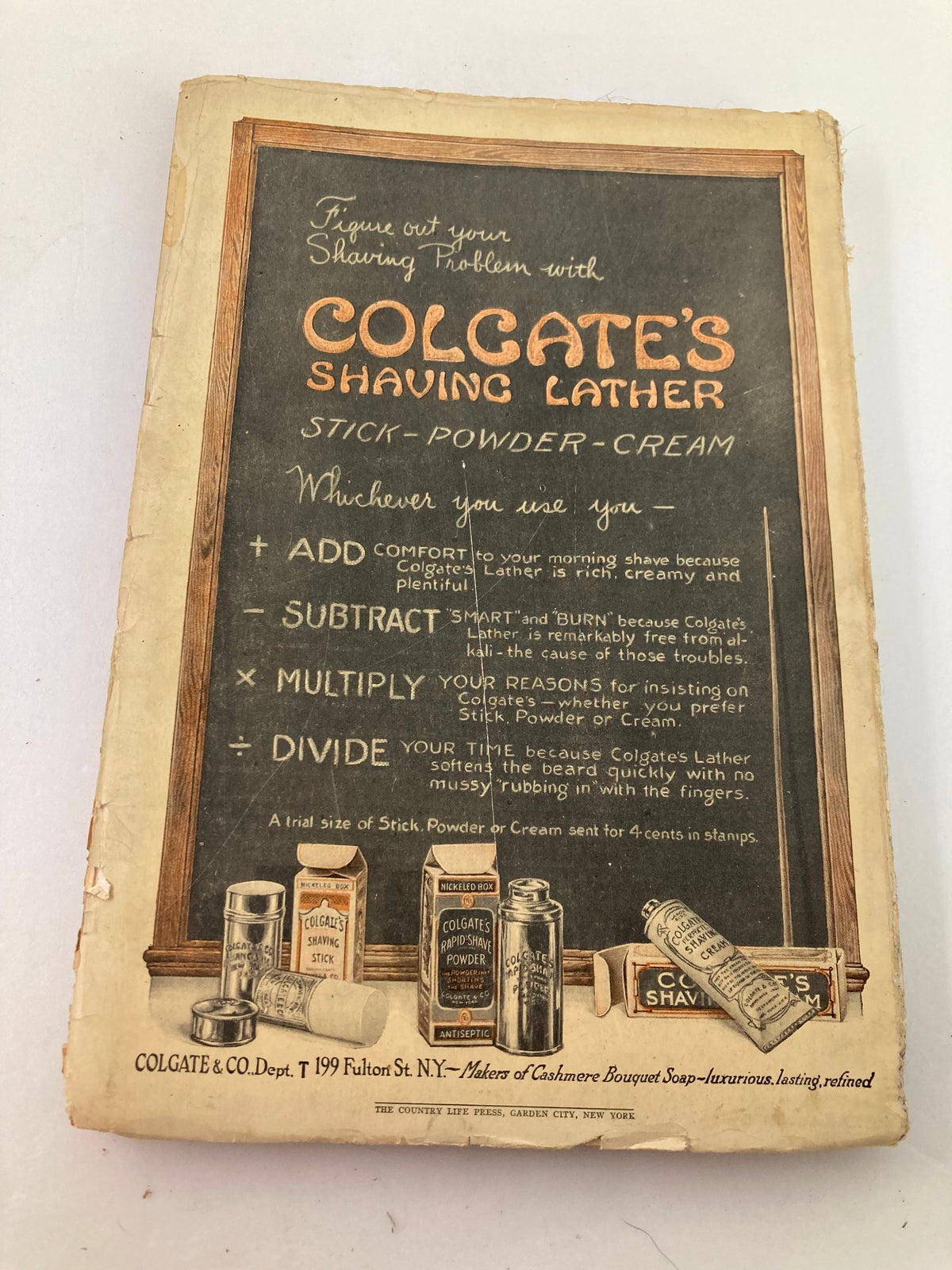 Interior advertisement page from VTG The World's Work Magazine April 1913 promoting Colgate's Shaving Lather, emphasizing comfort and ease of use with a wooden background.