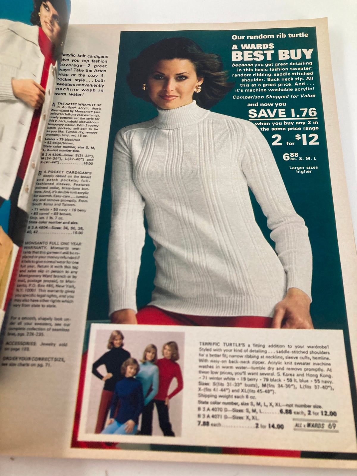 Featured clothing ad from the 1977 Fall & Winter Montgomery Ward & Co. Catalog, showcasing stylish women's sweaters and promotions, highlighting 1970s fashion.