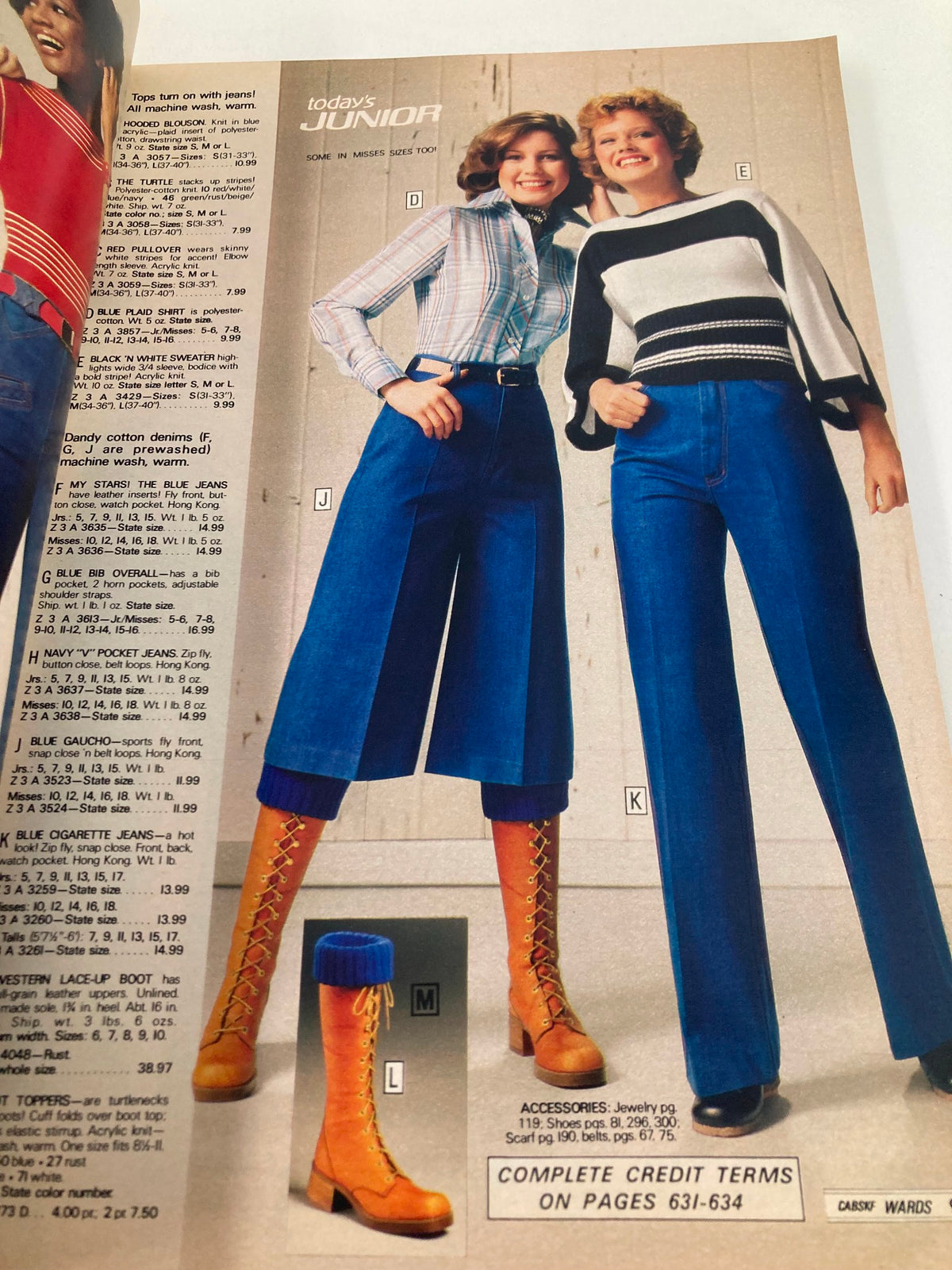 1977 Fall & Winter Montgomery Ward & Co. Catalog featuring models in wide-legged denim trousers and plaid shirts, reflecting the women's fashion trends of the late 1970s.