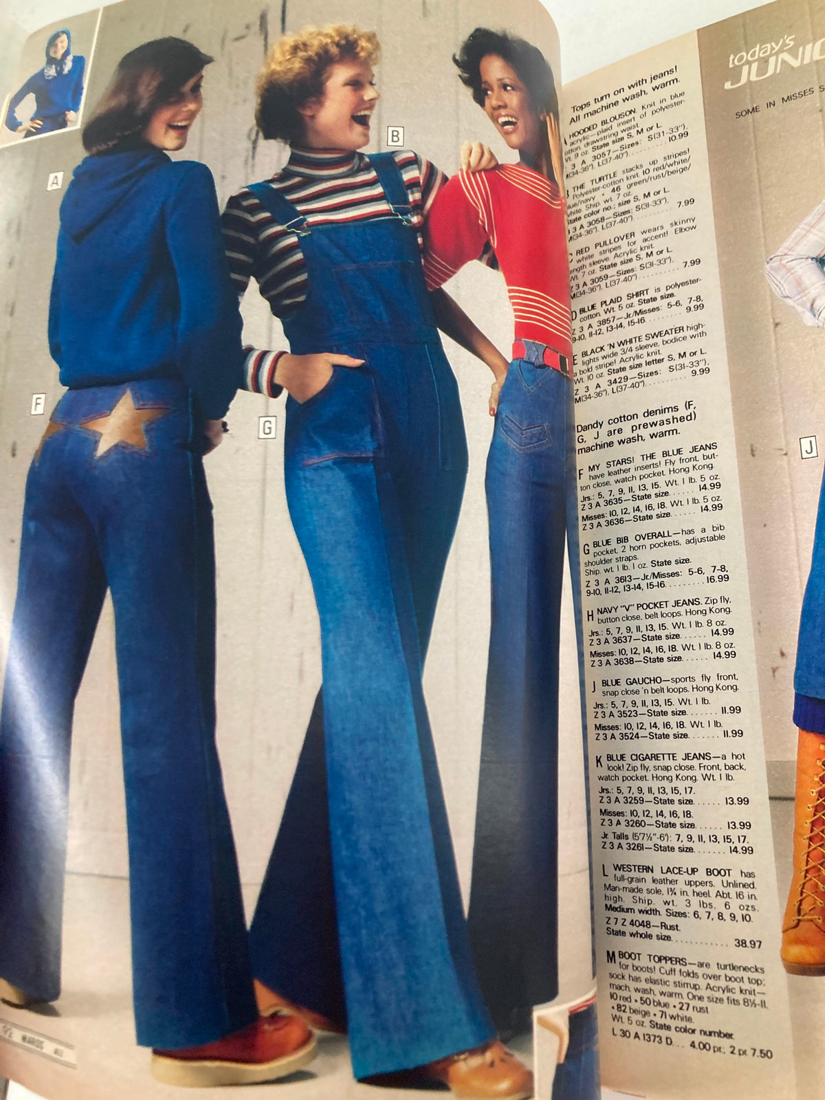 1977 Fall & Winter Montgomery Ward & Co. Catalog showing young women in stylish overalls and flared jeans with star designs, highlighting popular 1970s casual wear.