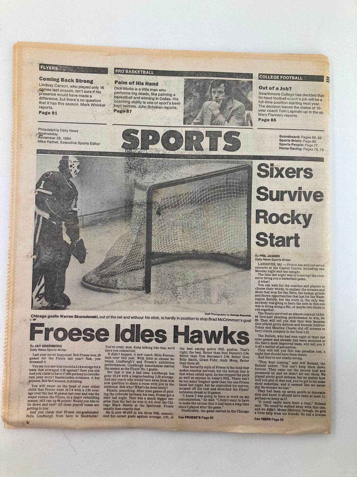 Philadelphia Daily News Tabloid from November 28, 1984 featuring articles on Wilson Goode, War Skorodenski, and sports highlights including the Sixers' rocky start. The newspaper showcases a vintage layout with sports coverage and advertisements.
