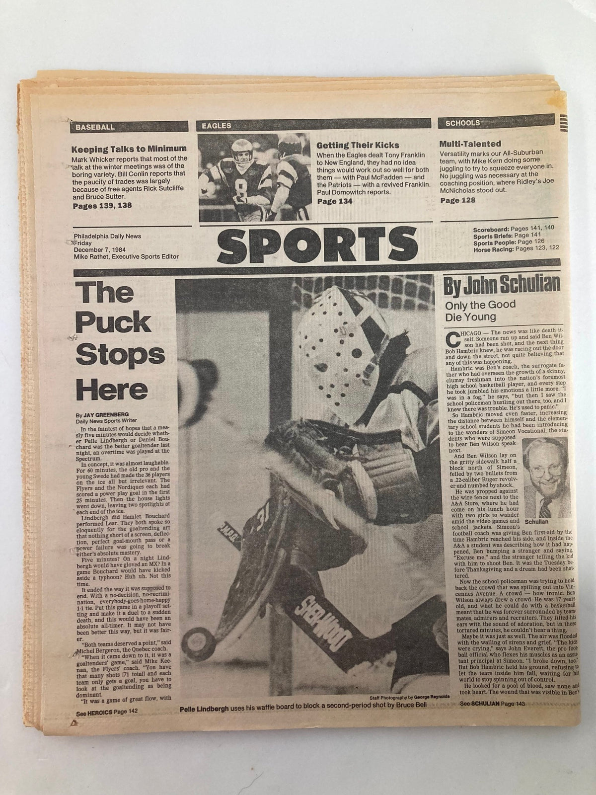 Philadelphia Daily News Tabloid December 7 1984 sports section with articles on baseball and football, featuring the headline 'The Puck Stops Here' discussing sports events and news.