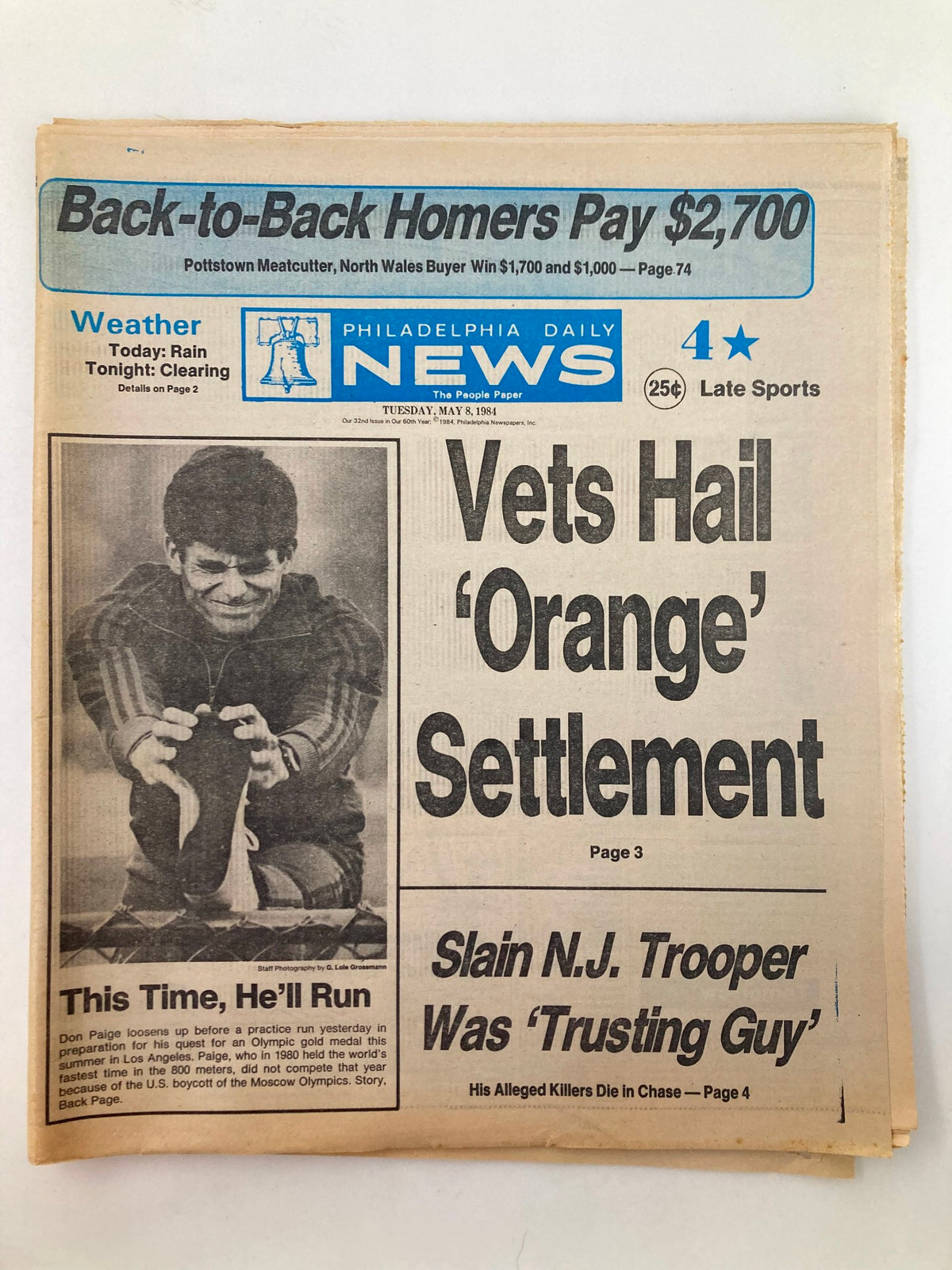 Philadelphia Daily News Tabloid from May 8, 1984, featuring the headline 'Don Paige This Time, He'll Run.' The tabloid showcases a vintage sports story, reflecting the cultural significance of local athletics in the 1980s.