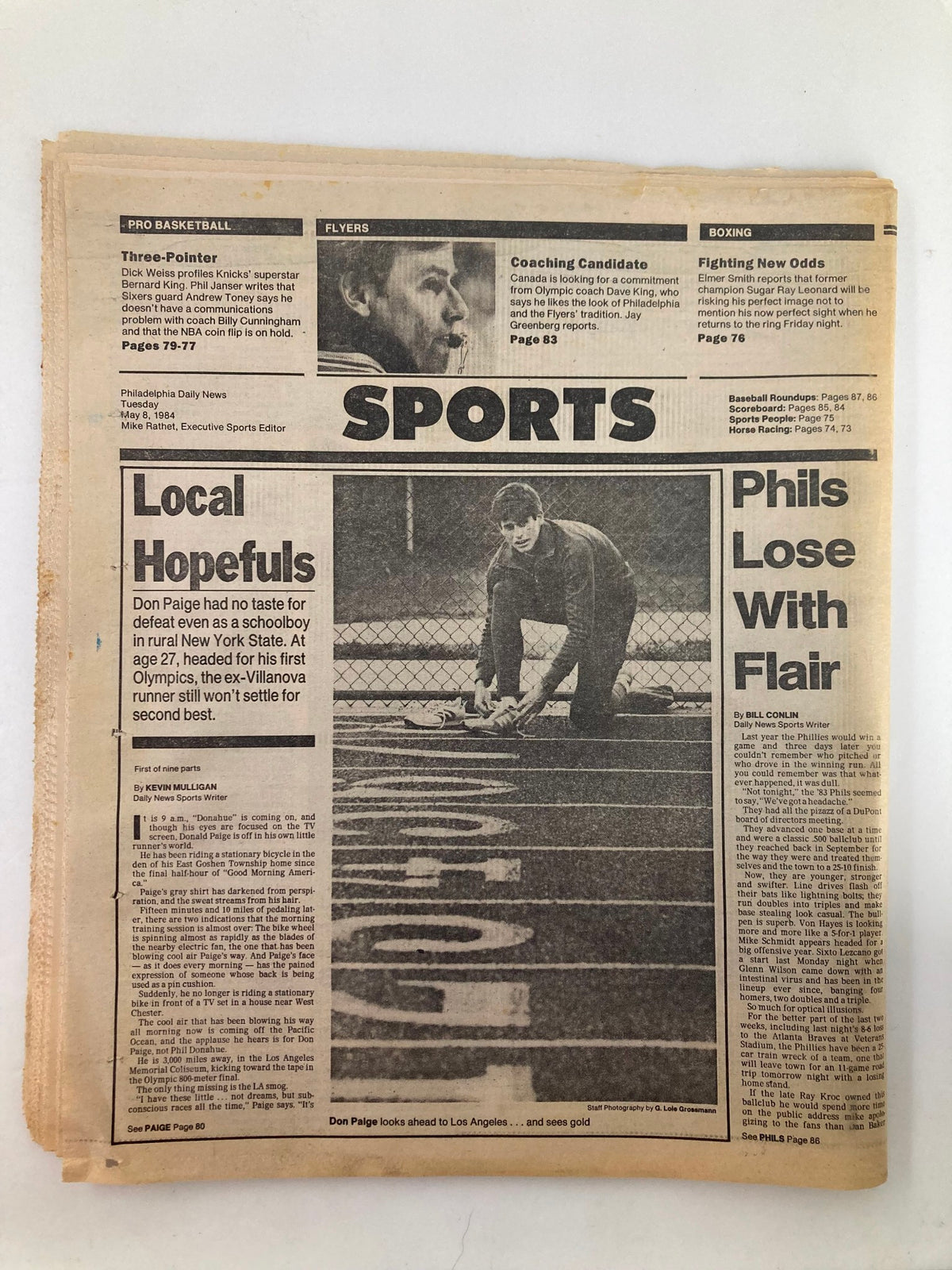 Philadelphia Daily News Tabloid from May 8, 1984, highlighting Don Paige and sports topics of the time. The image captures the essence of 1980s sports journalism, preserving a historical moment in Philadelphia's newspaper legacy.