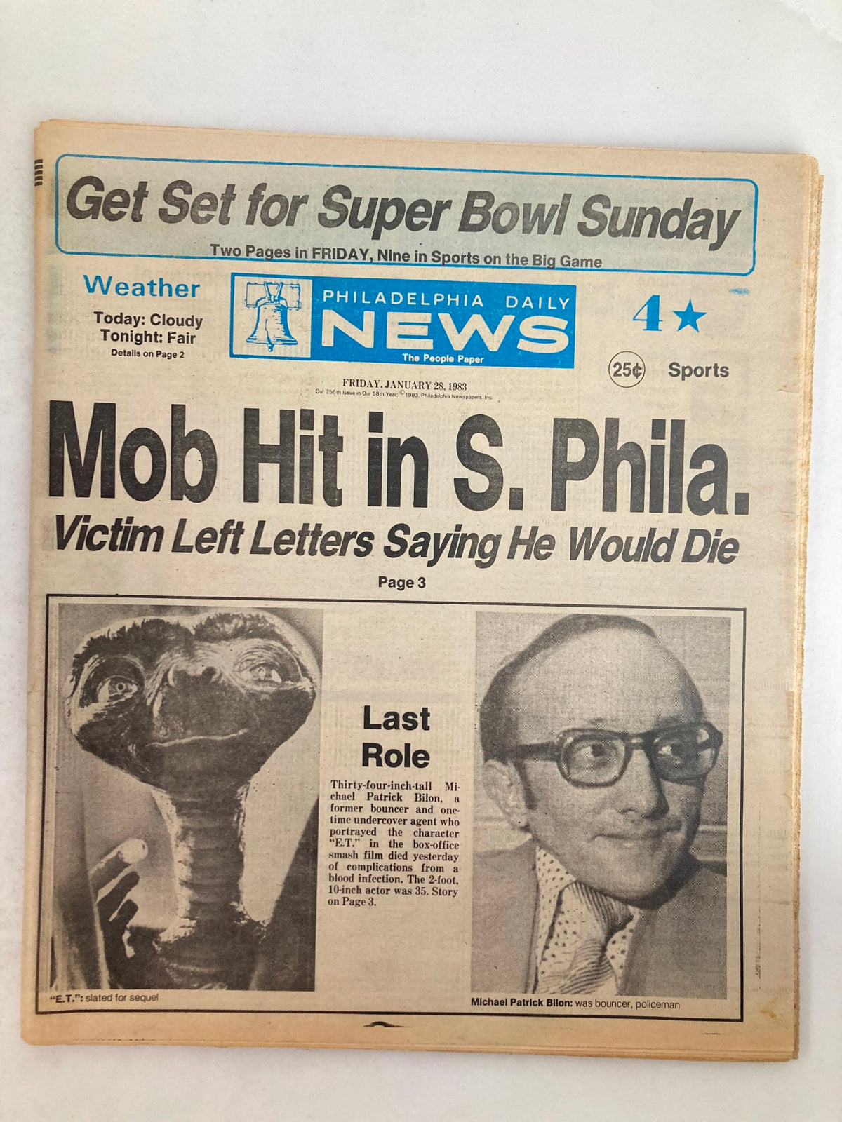 Philadelphia Daily News Tabloid from January 28, 1983, featuring the headline 'Mob Hit in S. Phila.' and an article on Michael Patrick Bilon, noting it as his last role.