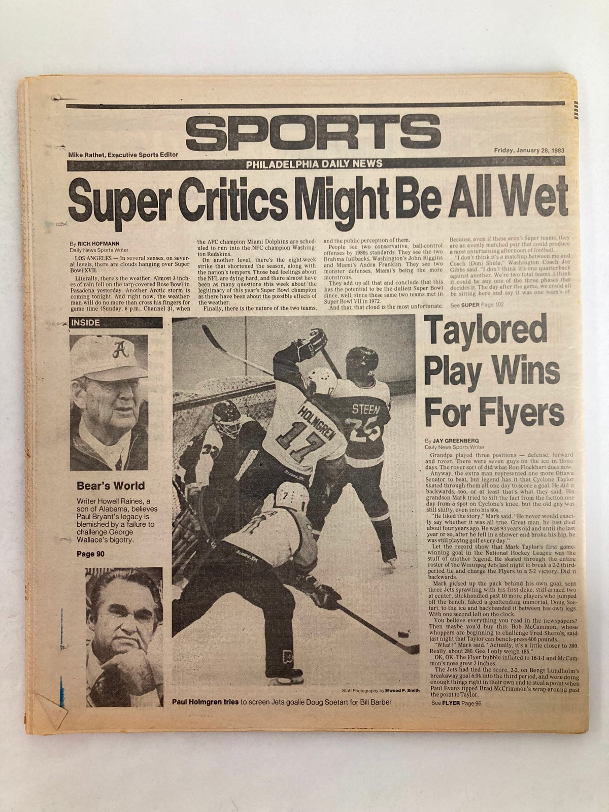 Philadelphia Daily News Sports section from January 28, 1983, with the headline 'Super Critics Might Be All Wet', discussing Super Bowl LVII and sports events.