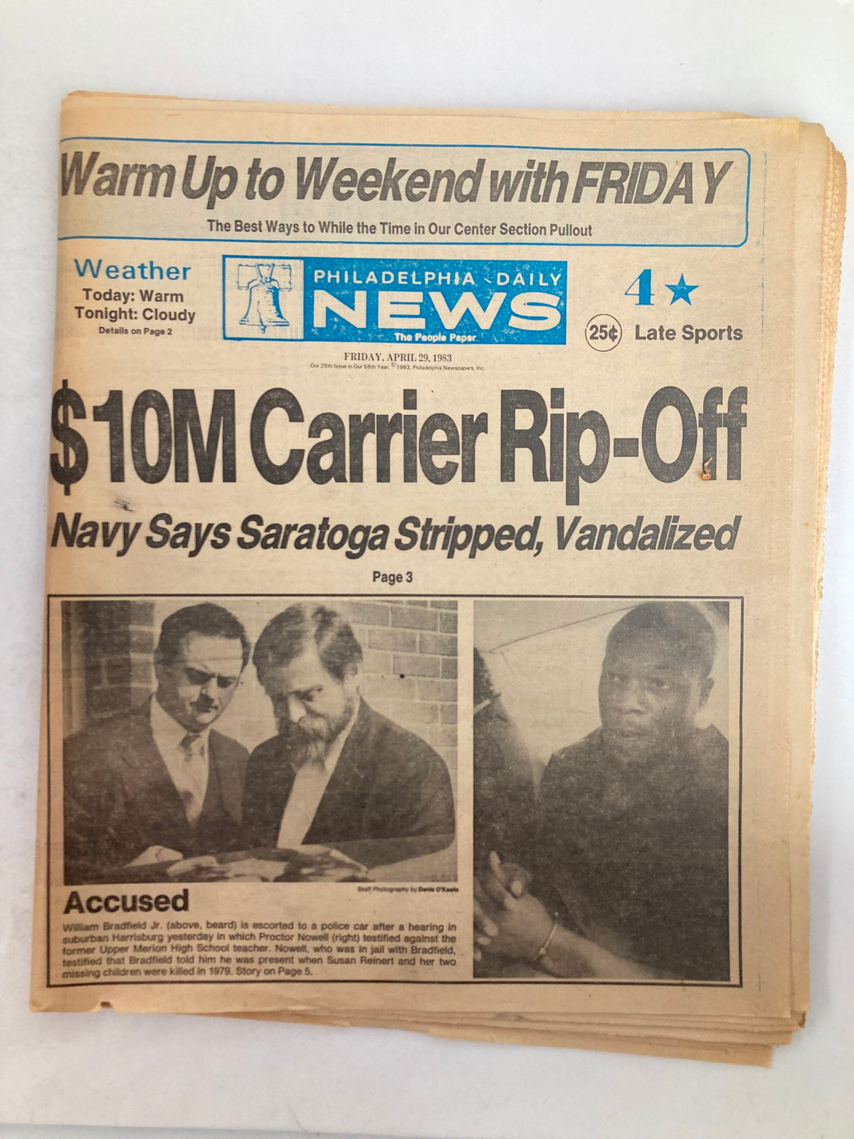 Philadelphia Daily News Tabloid from April 29, 1983. The front page features a headline about a $10 million carrier rip-off, with an article discussing William Bradfield Jr., who was escorted to a police car after a hearing.