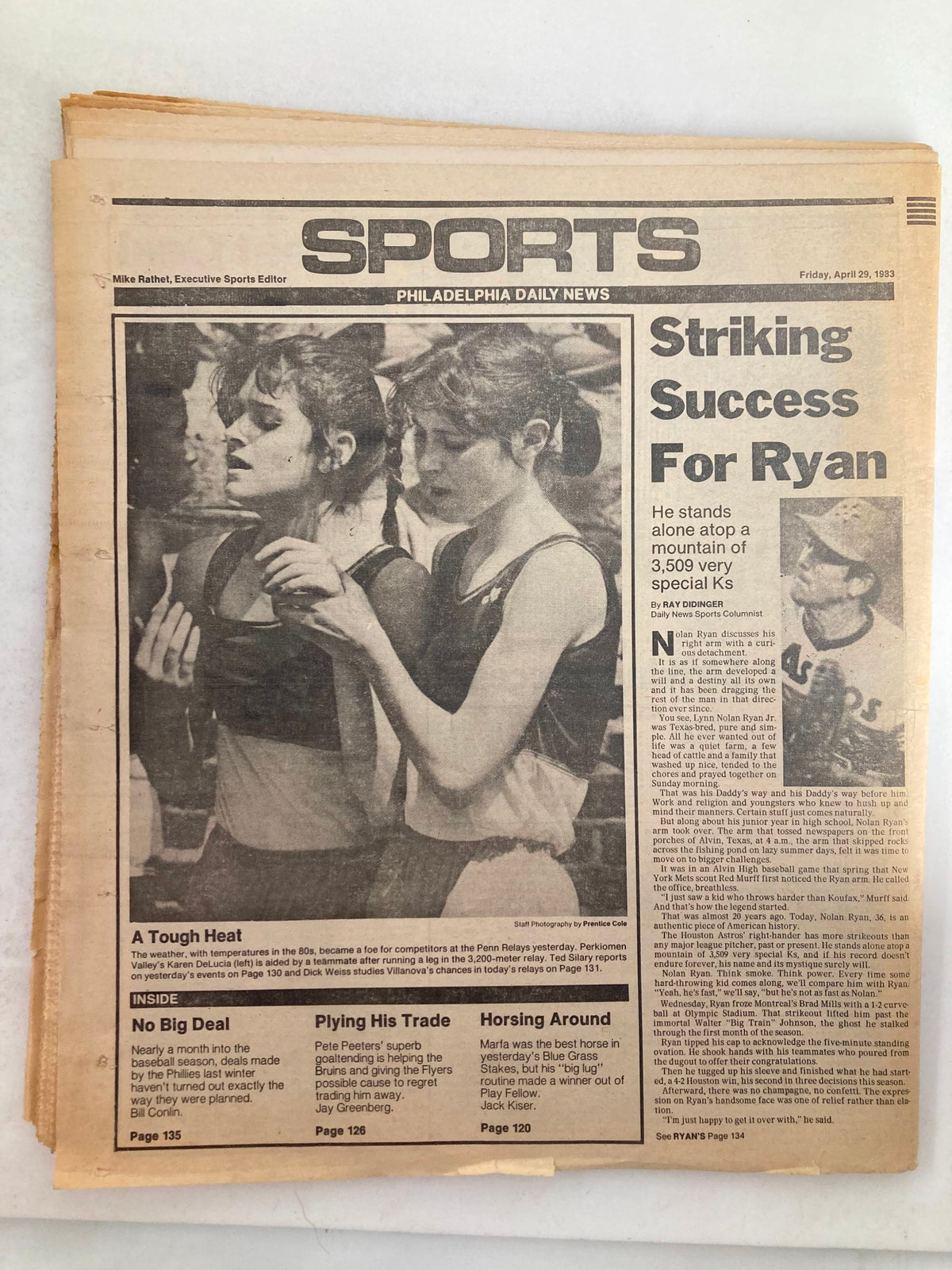 Philadelphia Daily News Tabloid from April 29, 1983, showcasing the sports section. The headline focuses on a feature titled 'Striking Success For Ryan' with images of athletes, emphasizing sports achievements.