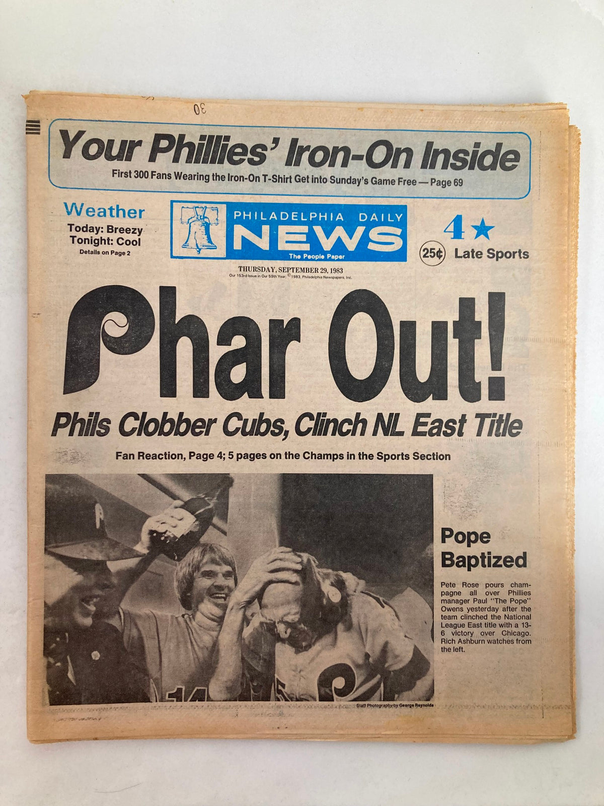 Philadelphia Daily News tabloid from September 29, 1983, featuring the headline 'Pope Baptized' and coverage of the Philadelphia Phillies clinching the NL East title.
