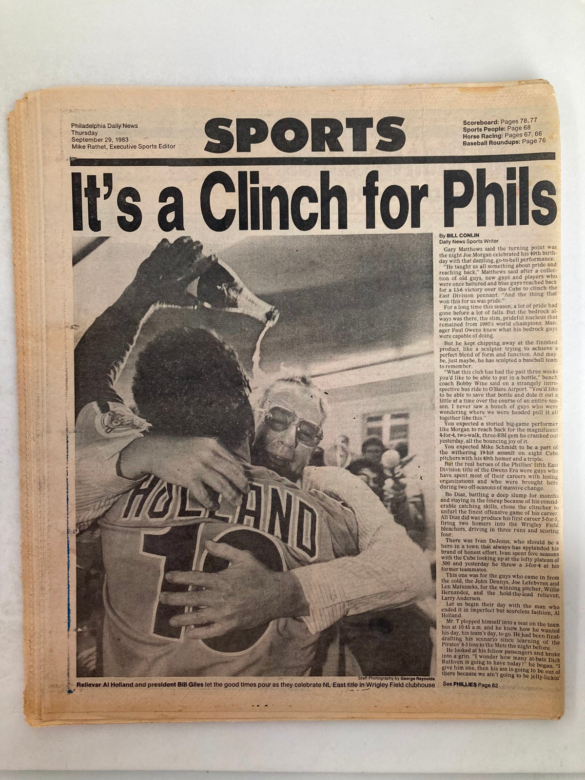 Back page of the Philadelphia Daily News tabloid from September 29, 1983, featuring sports news and celebrating the Philadelphia Phillies' success with the headline 'It's a Clinch for Phils'.