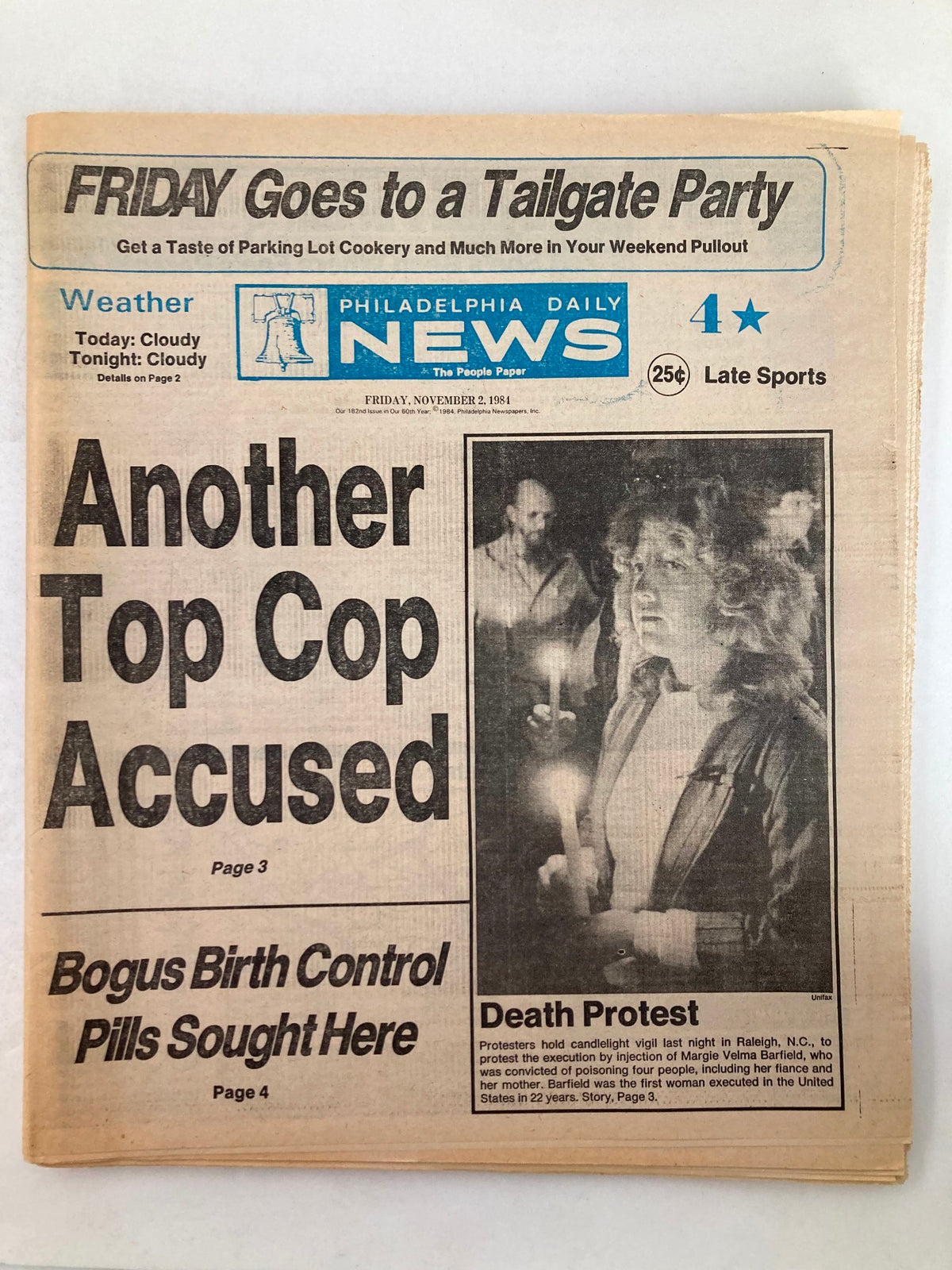 Philadelphia Daily News tabloid from November 2, 1984, featuring cover story on Margie Velma Barfield's execution, highlighting protest details with images of candlelight vigil.