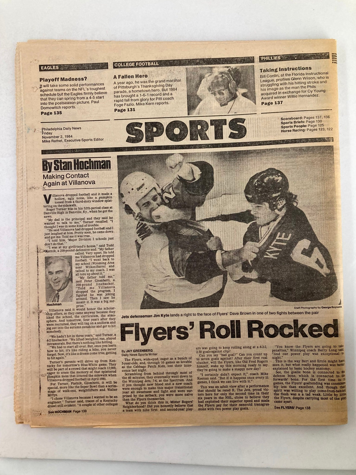 Philadelphia Daily News tabloid from November 2, 1984, showcasing sports section including commentary on Philadelphia Flyers, reflecting sports news of the day.