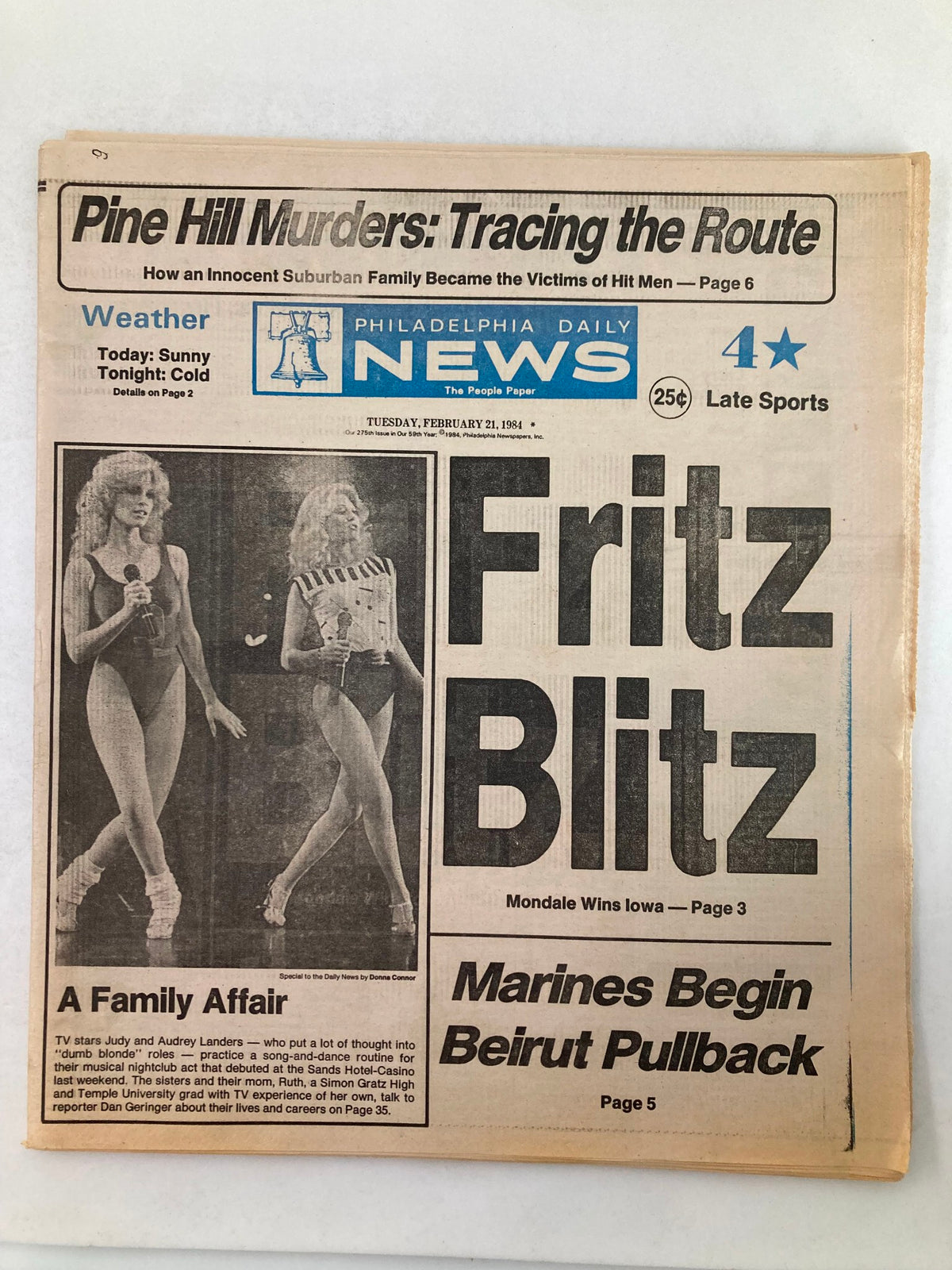Philadelphia Daily News Tabloid from February 21, 1984, featuring Judy and Audrey Landers on the front page, highlighting entertainment news with articles such as 'Fritz Blitz' and updates on various events.