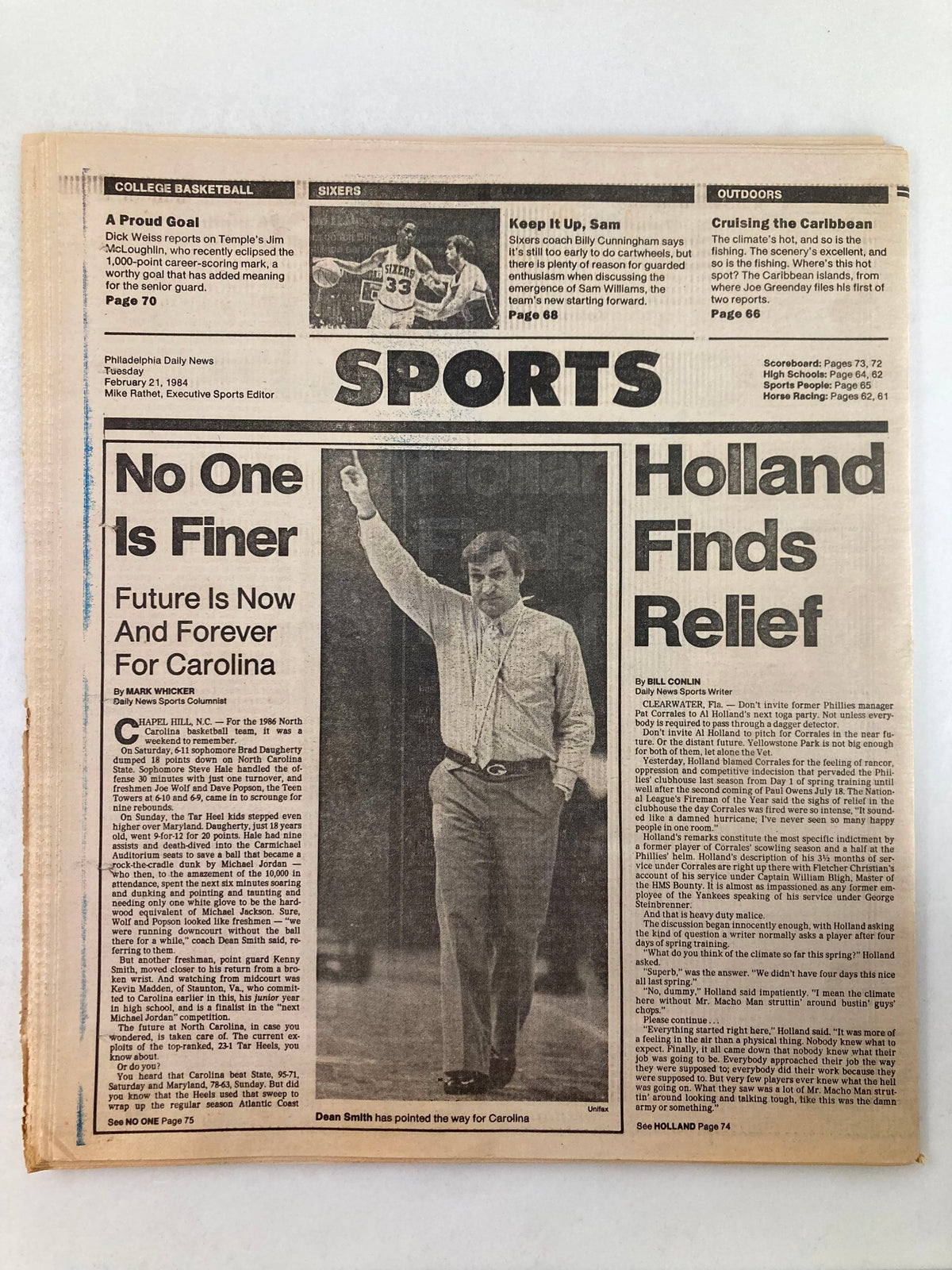 Philadelphia Daily News Tabloid February 21 1984 featuring an article in the sports section highlighting a notable sports figure, with an emphasis on the Carolina team, showcasing the paper's aging condition and minor wear.