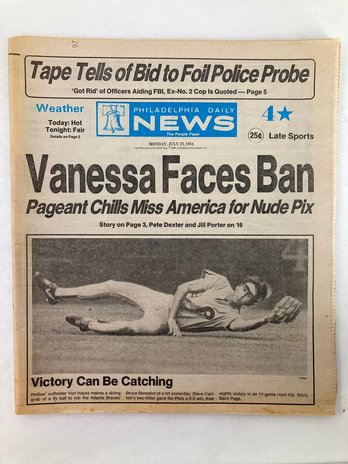 Philadelphia Daily News Tabloid from July 23, 1984, featuring headlines about Vanessa facing a ban and the Philadelphia Phillies. The image showcases a vintage newspaper layout, highlighting sports news and a story on page 3.