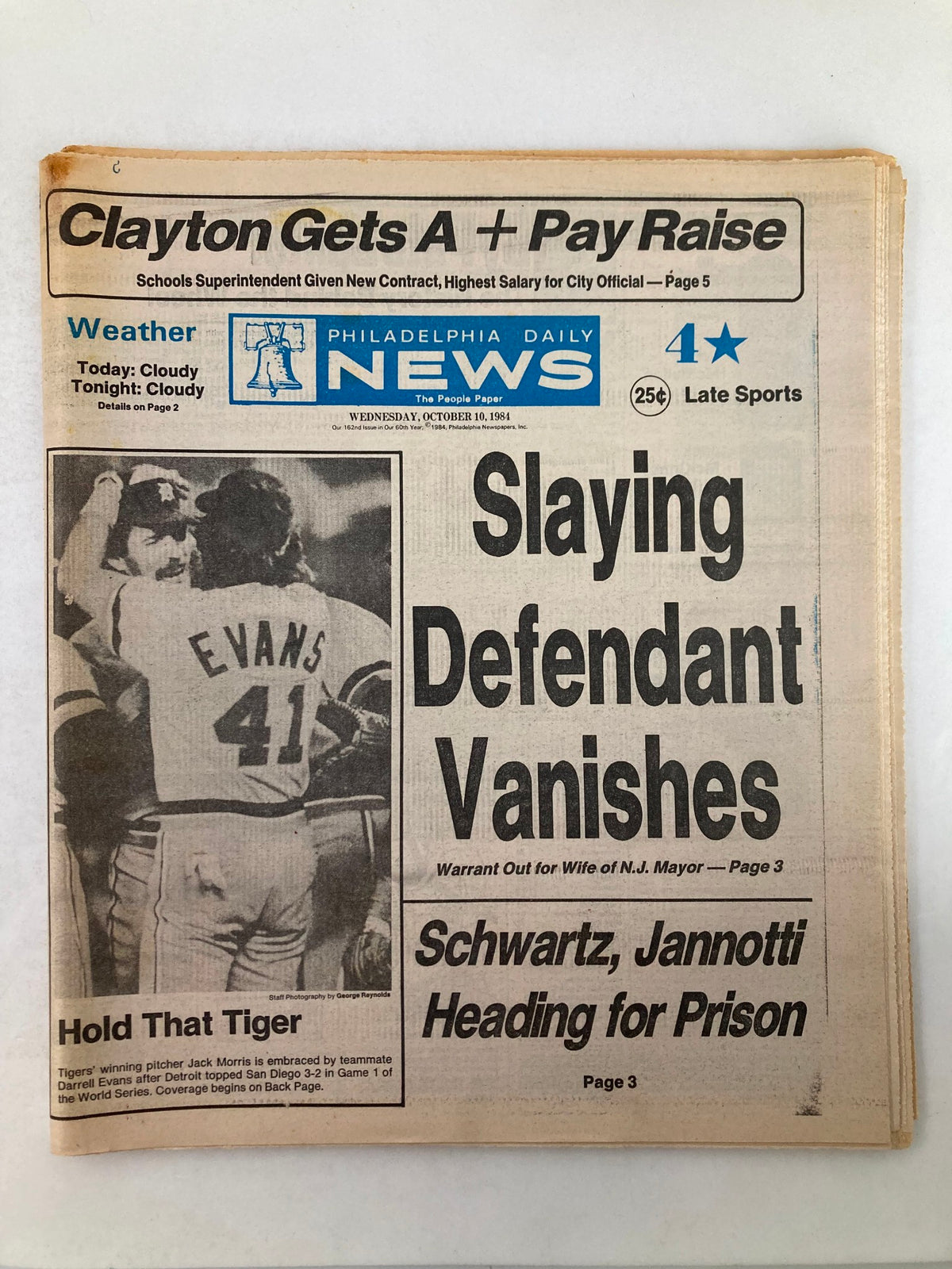 Philadelphia Daily News Tabloid from October 10, 1984 featuring Jack Morris and Darrell Evans. The newspaper highlights sports news, including a pay raise for school superintendents and weather updates.