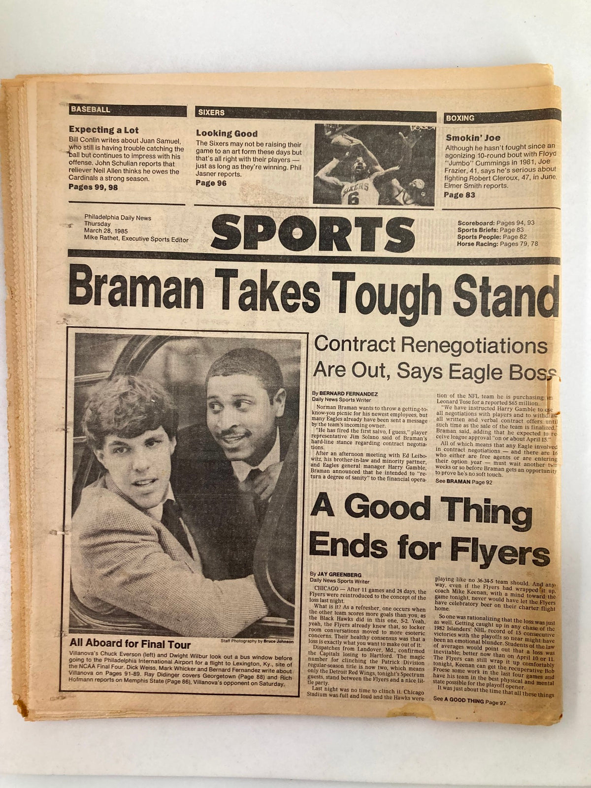 Sports section of the Philadelphia Daily News Tabloid March 28 1985 with articles on sports, featuring notable mentions like 'Braman Takes Tough Stand'.