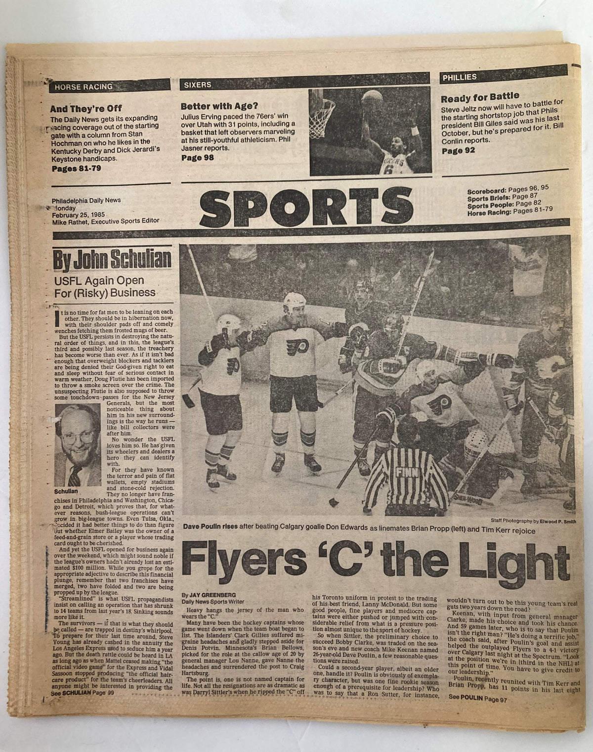 Philadelphia Daily News Tabloid from February 25, 1985 displaying sports coverage, including hockey highlights, alongside featured articles, illustrating the cultural context of the time.