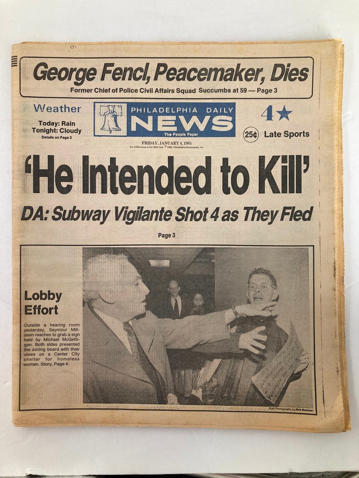 Philadelphia Daily News Tabloid January 4 1985 featuring the headline 'He Intended to Kill' and an article about the subway vigilante incident, highlighting significant news from that date.