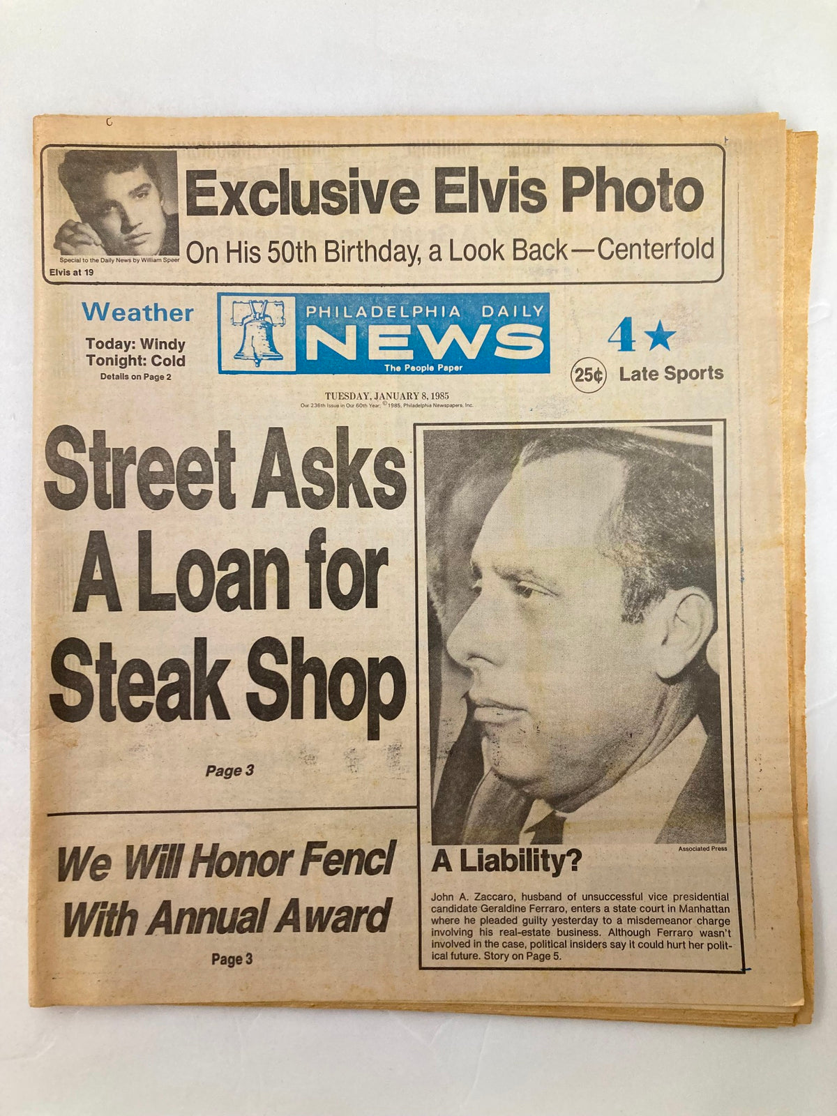 Philadelphia Daily News tabloid from January 8, 1985, featuring headline about John A. Zaccaro titled 'A Liability?', with a photo of Zaccaro and an Elvis birthday tribute.