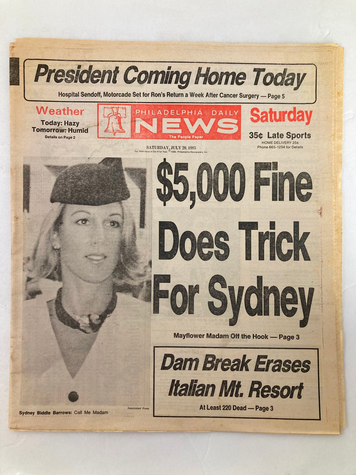 Philadelphia Daily News Tabloid from July 20, 1985, featuring Sydney Biddle Barrows and the article 'Call Me Madam' with headlines about a $5,000 fine and a dam break incident.