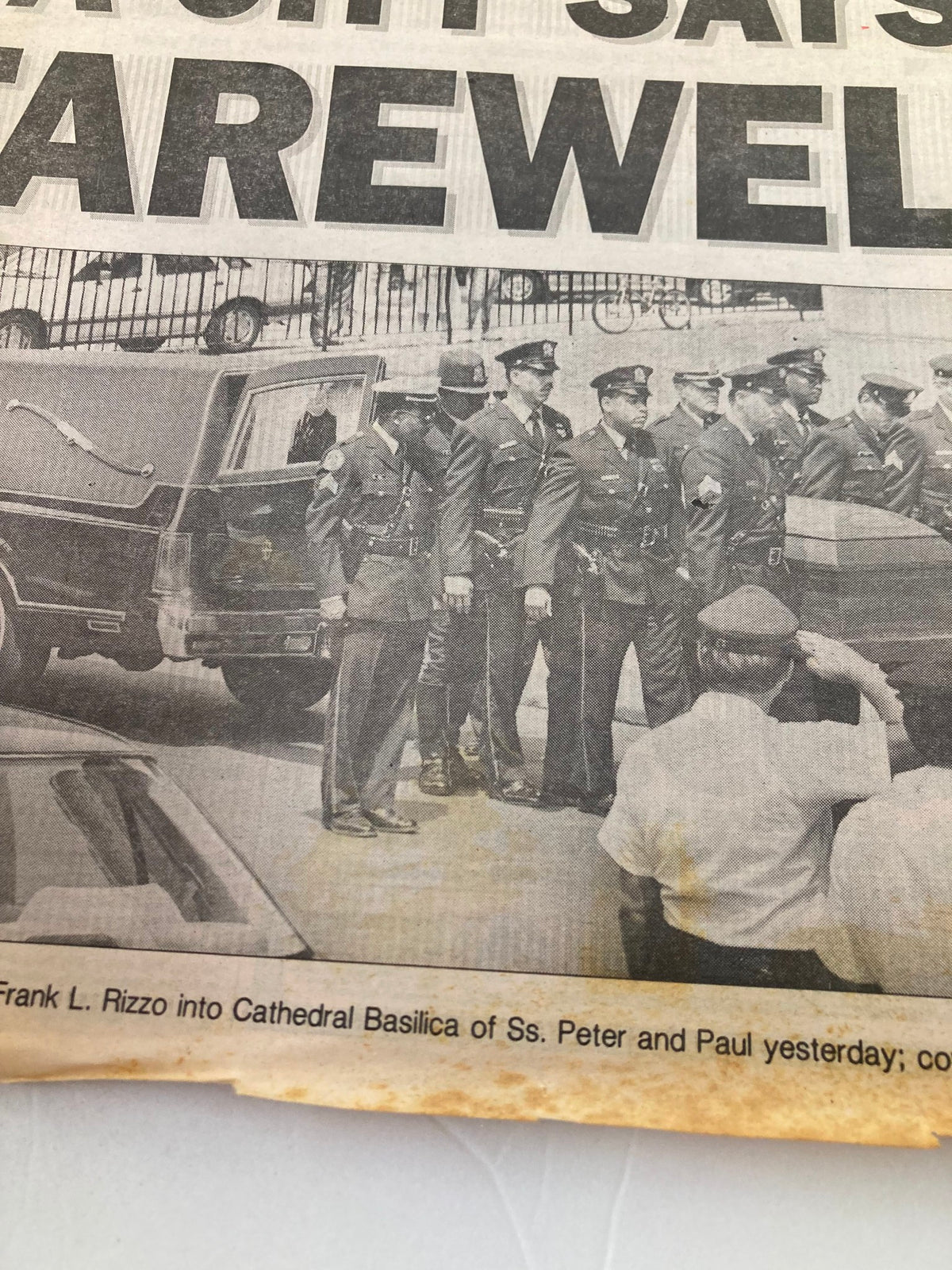 Close-up of the Philadelphia Daily News Tabloid July 19 1991 showcasing police officers carrying Frank L. Rizzo's casket, capturing a moment of tribute.