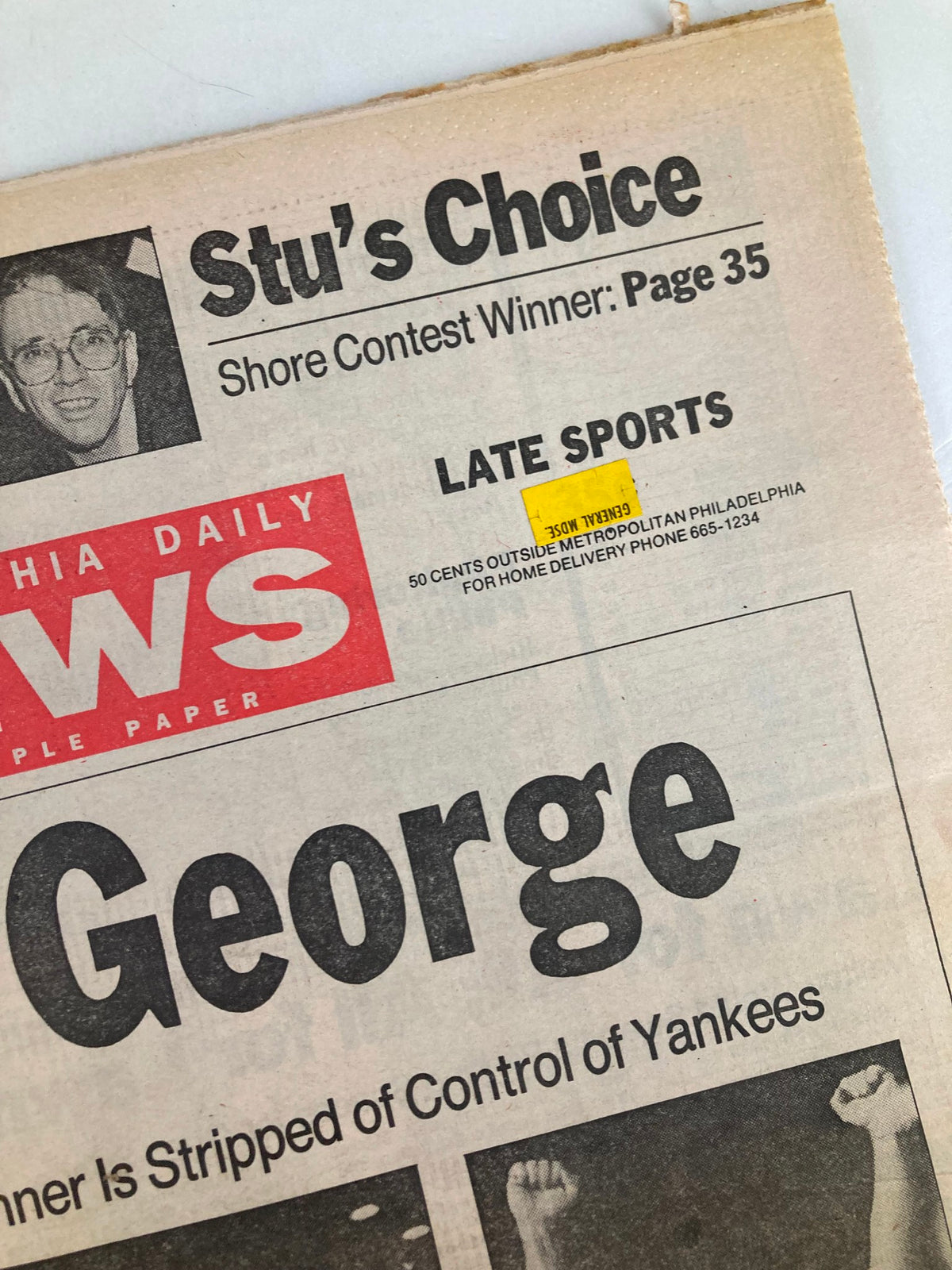 Close-up of Philadelphia Daily News Tabloid July 31 1990, showcasing the 'Stu's Choice' section with a contest winner mention and a sports headline regarding George Steinbrenner.