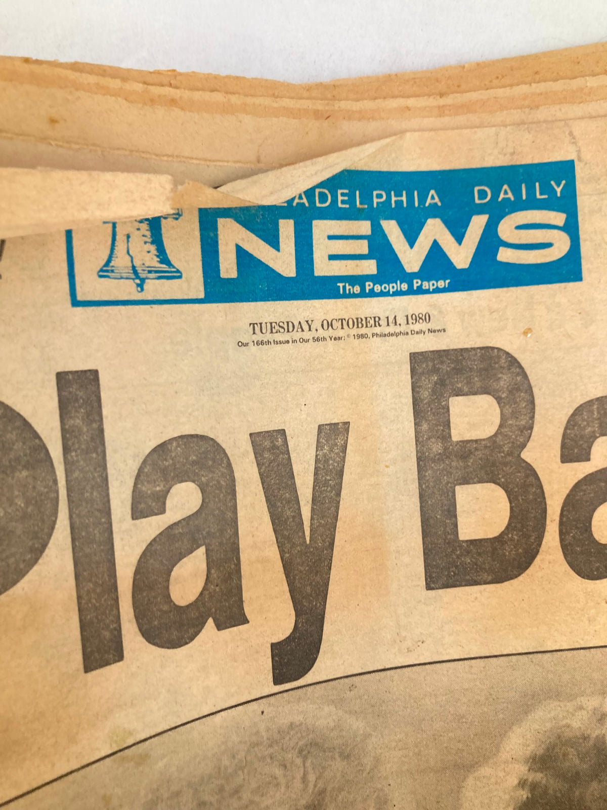 Close-up of the header of the Philadelphia Daily News Tabloid dated October 14, 1980, displaying the title 'Play Ball!' along with the date and publication details.