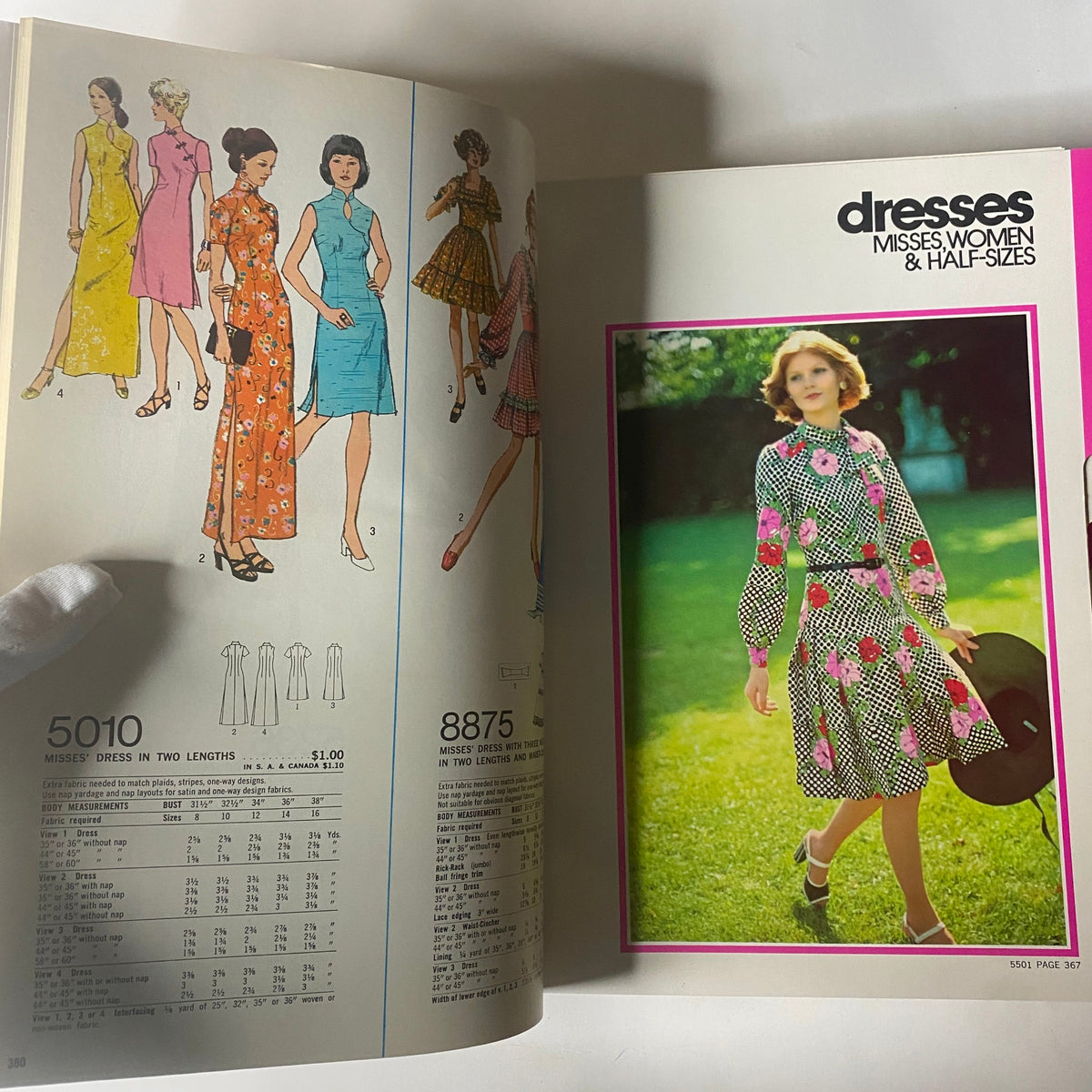 1973 July Simplicity Catalog illustrating misses' dresses and half-sizes, showcasing a model in a floral dress on a sunny day.