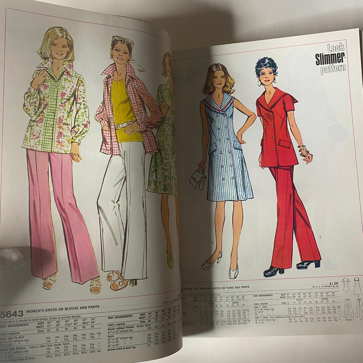 1973 July Simplicity Catalog featuring women's dresses and pants patterns, showcasing multiple outfits including a stylish red suit.