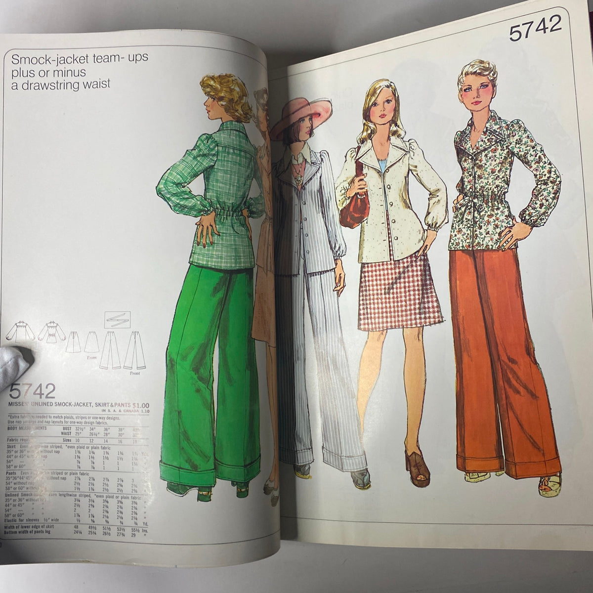 1973 July Simplicity Catalog presenting sewing patterns for smock jackets and pants, depicting fashionable designs with a drawstring waist, ideal for 1970s casual wear.
