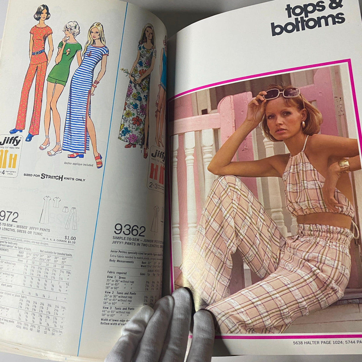 1973 July Simplicity Catalog featuring a variety of Jiffy patterns for easy-to-sew tops and bottoms, showcasing colorful and retro designs for summer outfits.