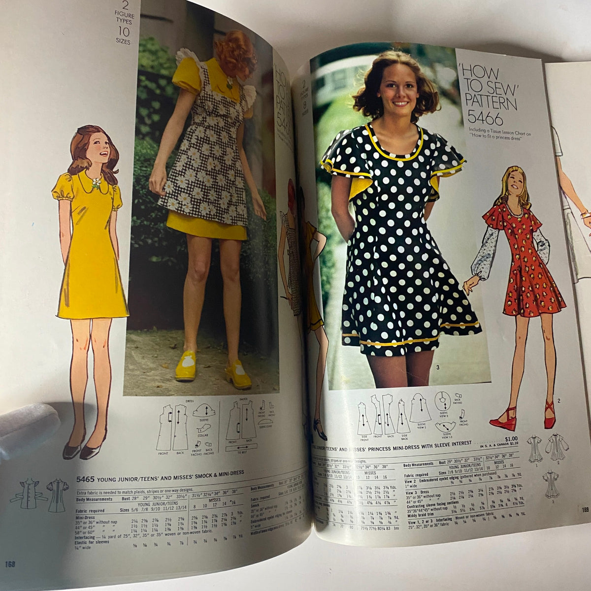 1973 Simplicity Spring Summer School Catalog showing sewing patterns for dresses and smock designs, featuring colorful illustrations and detailed instructions.