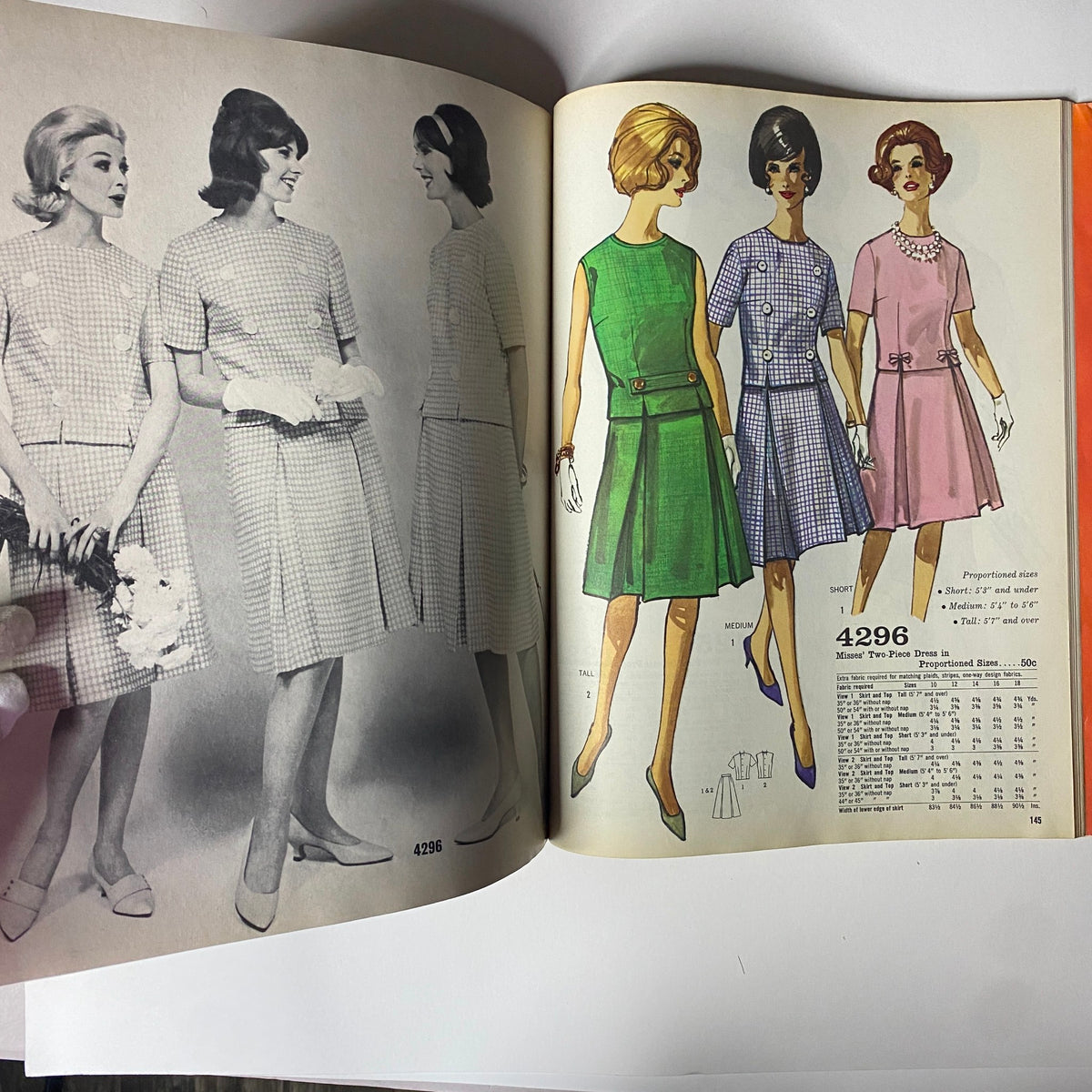 1962 Simplicity Spring Summer School Catalog Sewing Pattern Store Counter Book depicting models in classic dresses, including a green two-piece outfit, reflecting sophisticated fashion from the early 1960s.