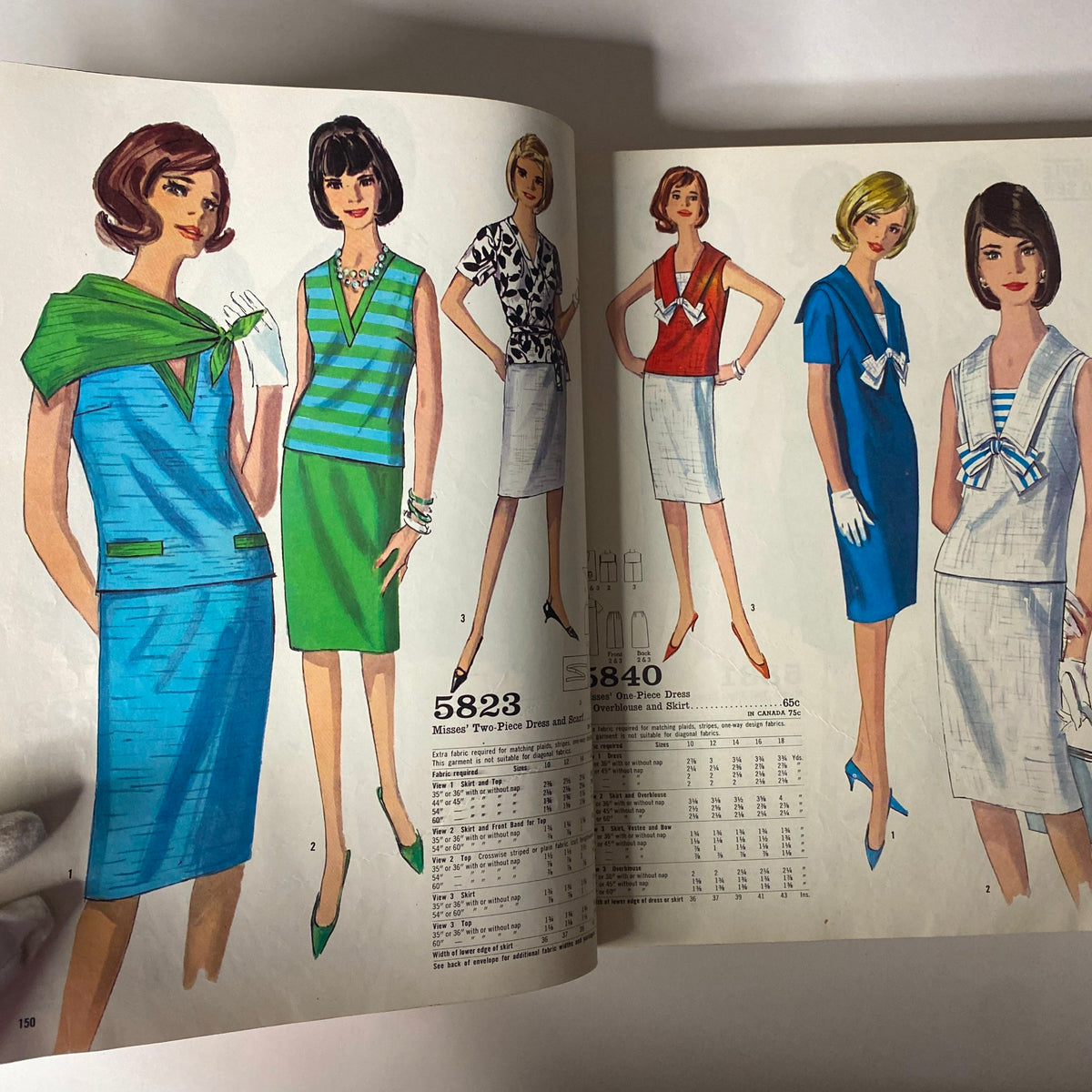 Illustrated page from the 1965 May Simplicity Catalog, presenting a variety of Misses' dresses with a focus on vibrant colors and styles.