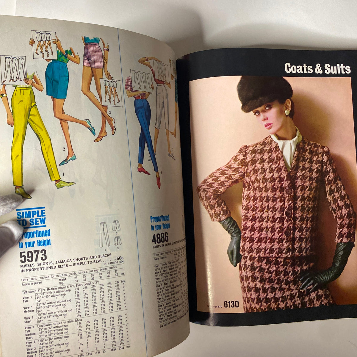 1965 December Simplicity Christmas Catalog displaying a range of pants and suits with models, emphasizing stylish sewing options from the 1960s.