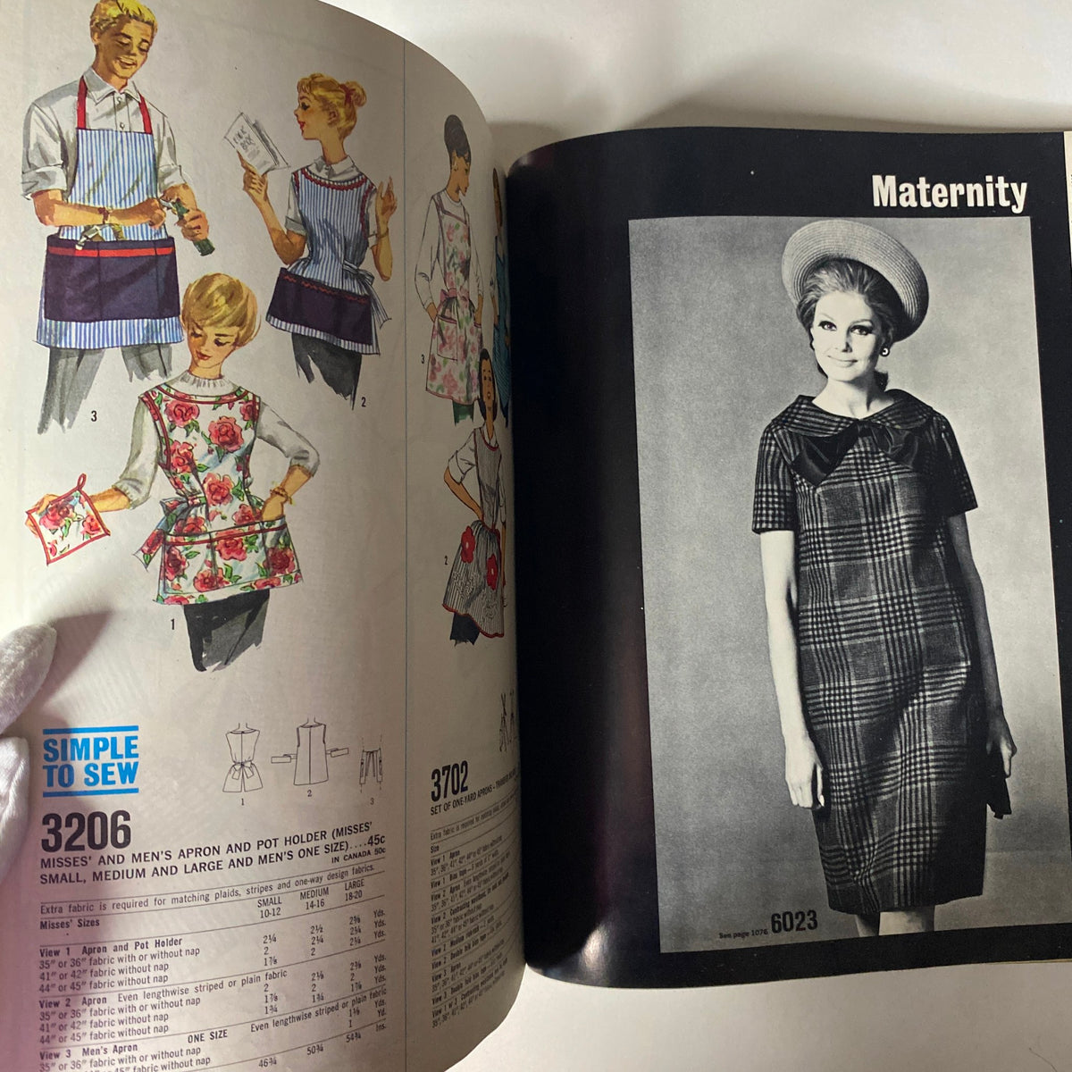 1965 December Simplicity Christmas Catalog featuring a maternity-style dress alongside instructional sewing guides, suitable for 1960s-inspired maternity designs.