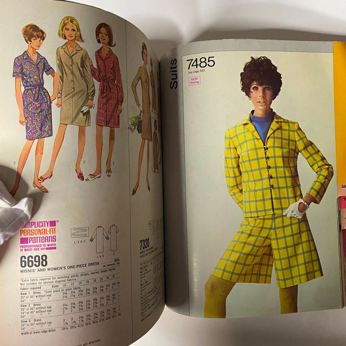 1968 September Simplicity Catalog highlighting stylish suits and dresses, including a vibrant yellow check suit and fashionable women's one-piece dresses.