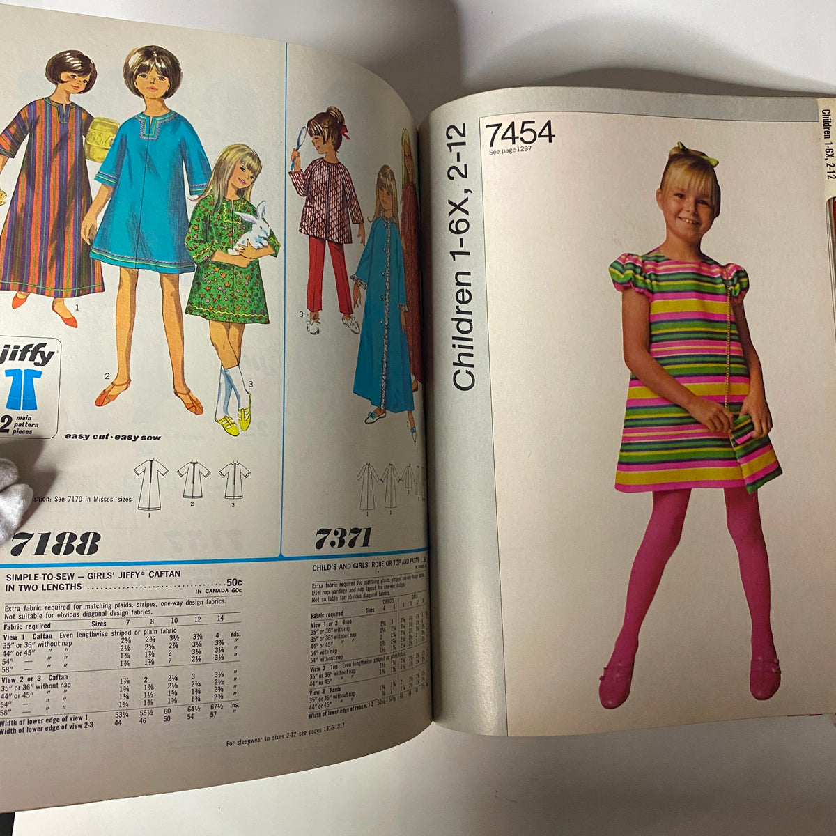 1968 August Simplicity Catalog Sewing Pattern illustrating children's fashion with simple sewing patterns for girls' caftans and dresses in colorful designs.