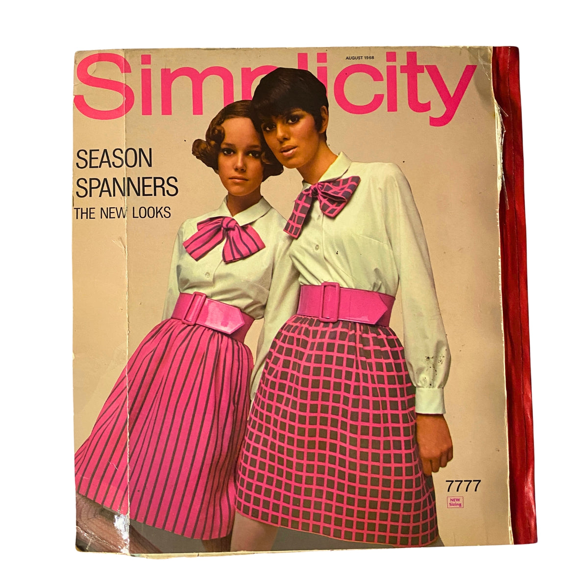 1968 August Simplicity Catalog cover displaying the title 'Season Spanners - The New Looks' with models wearing bright pink skirts and stylish blouses, presenting iconic 1960s fashion trends.