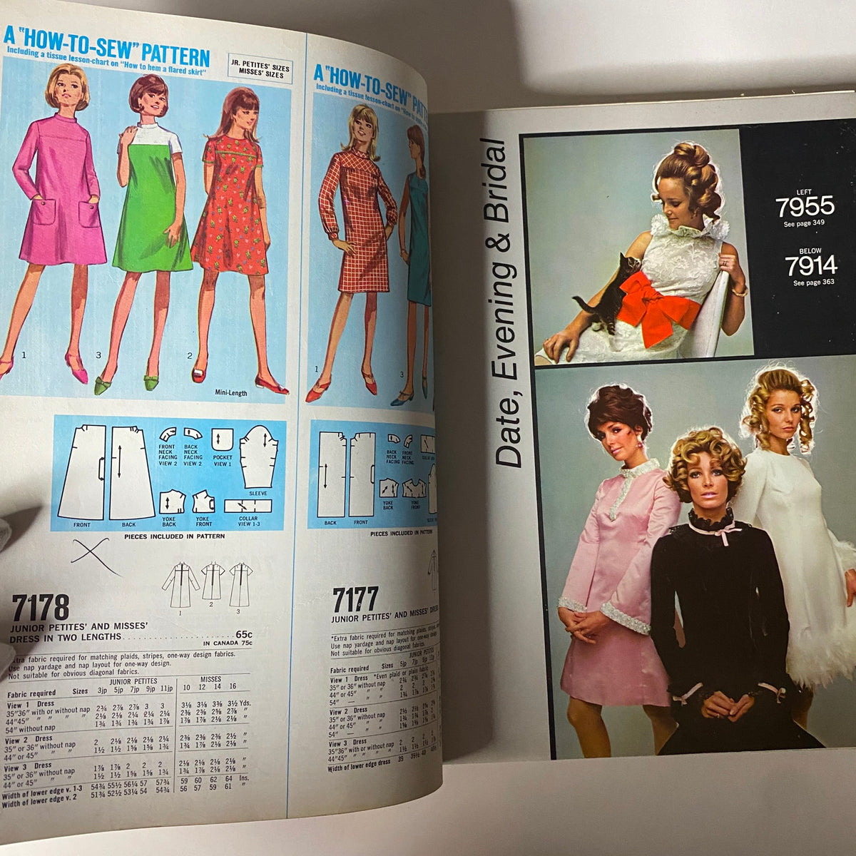1968 December Simplicity Catalog Sewing Pattern including illustrations and patterns for 'How-To-Sew' options for date, evening, and bridal fashion.