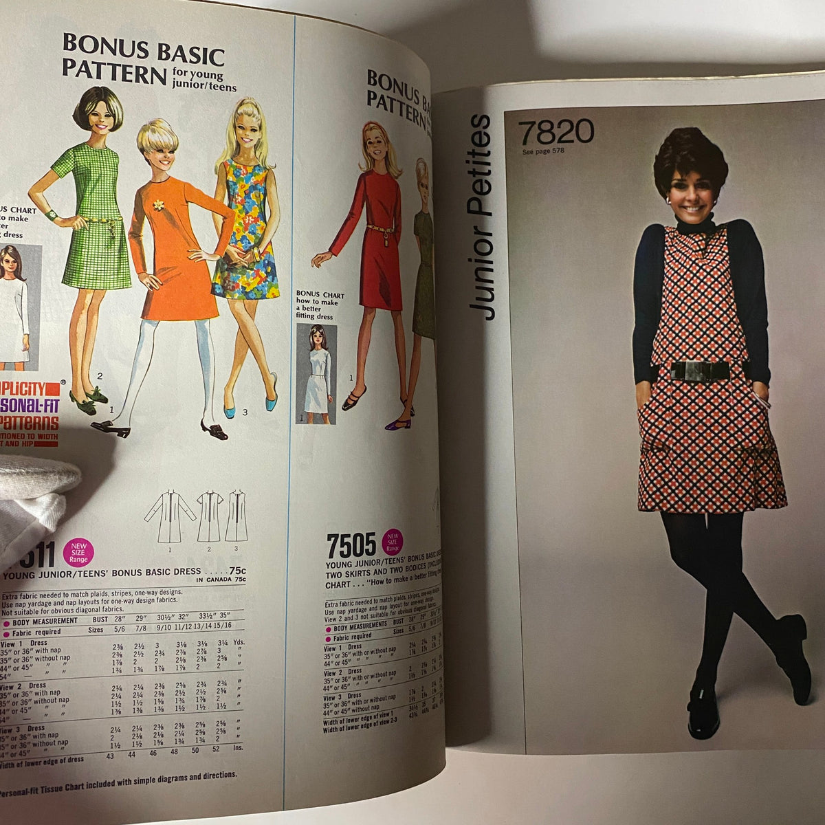1968 December Simplicity Catalog Sewing Pattern displaying junior petites fashion options, including vibrant dresses and detailed pattern guides.