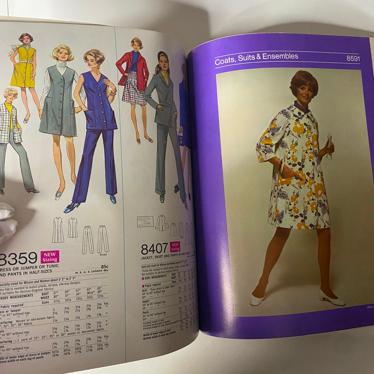 1969 February Simplicity Spring Catalog Sewing Pattern illustrating vibrant coats, suits, and ensembles, perfect for crafting chic, layered outfits.