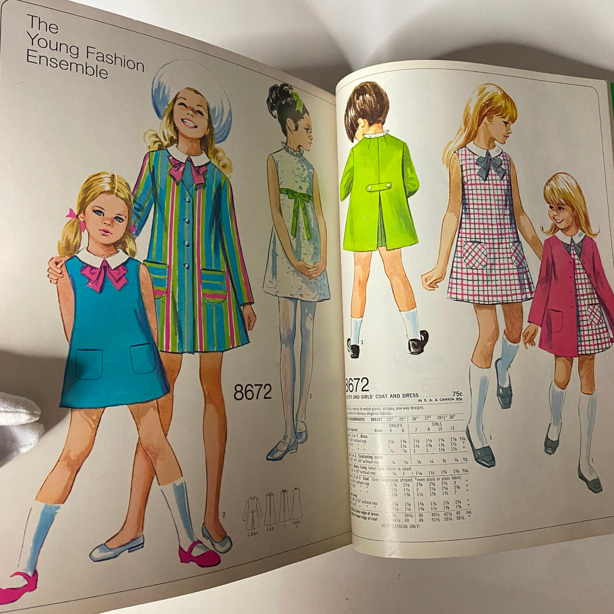 1969 February Simplicity Spring Catalog sewing pattern showcasing The Young Fashion Ensemble, featuring colorful outfits for girls, including dresses and coats, ideal for spring fashion enthusiasts.